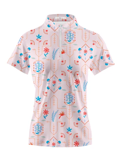Cherryswing Women's Geometric Floral Shapes Short Sleeve Polo Shirt