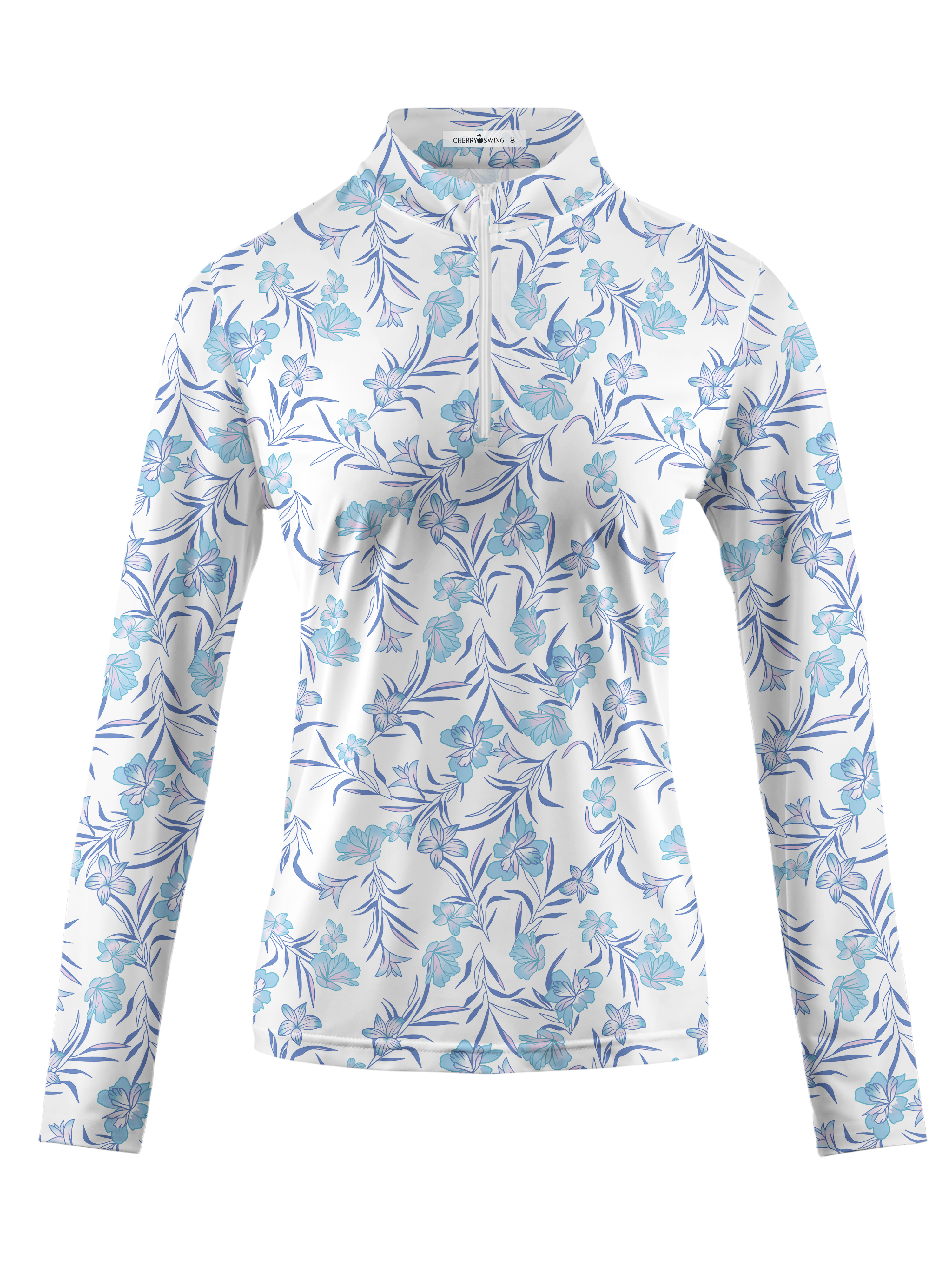 Cherryswing Women's Blue Floral Long Sleeve Polo Shirt