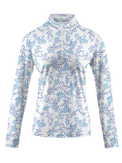 Cherryswing Women's Blue Floral Long Sleeve Polo Shirt