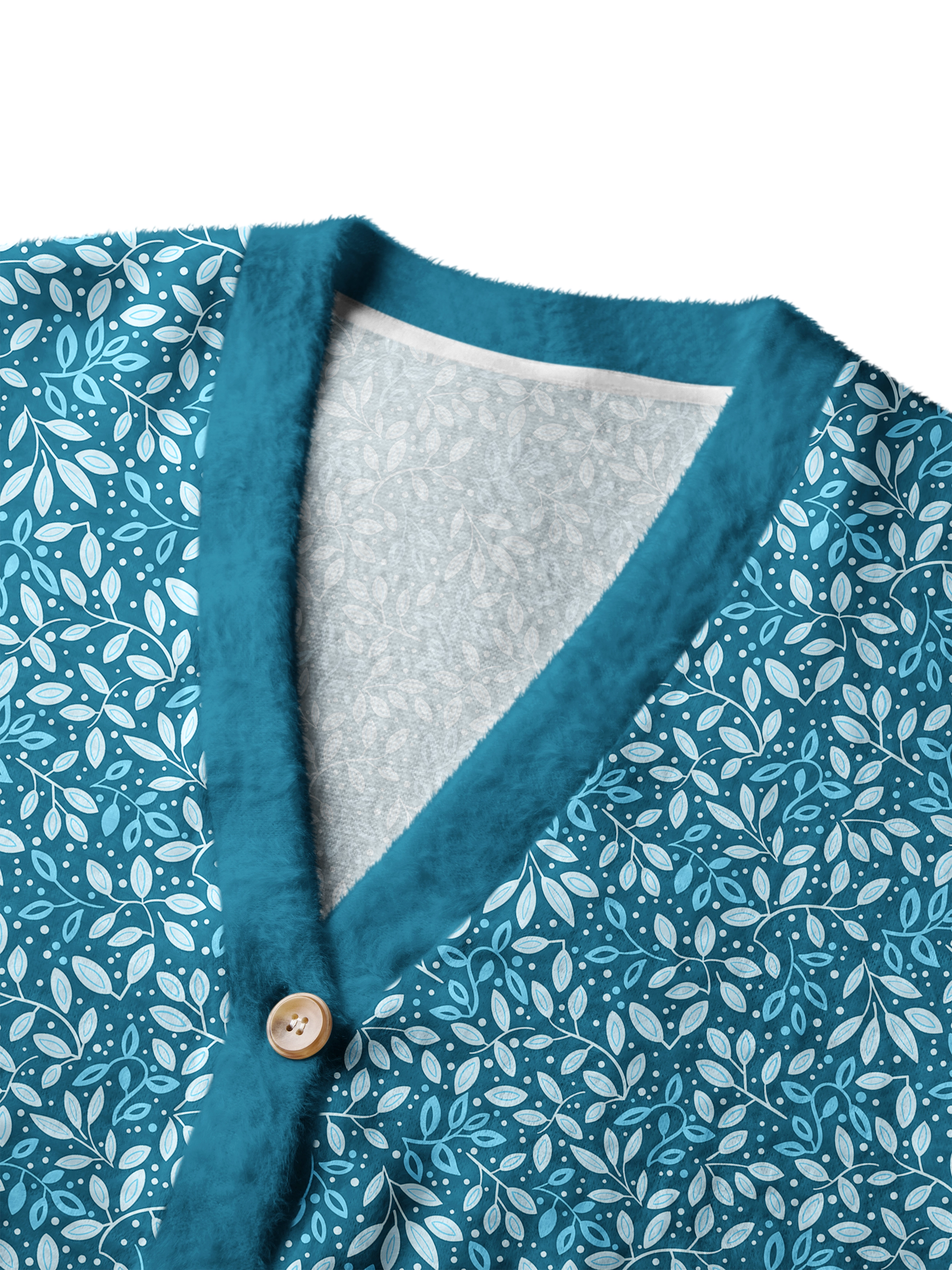 Cherryswing Women's Teal Leaf Motif Fuzzy Knit Golf Cardigan