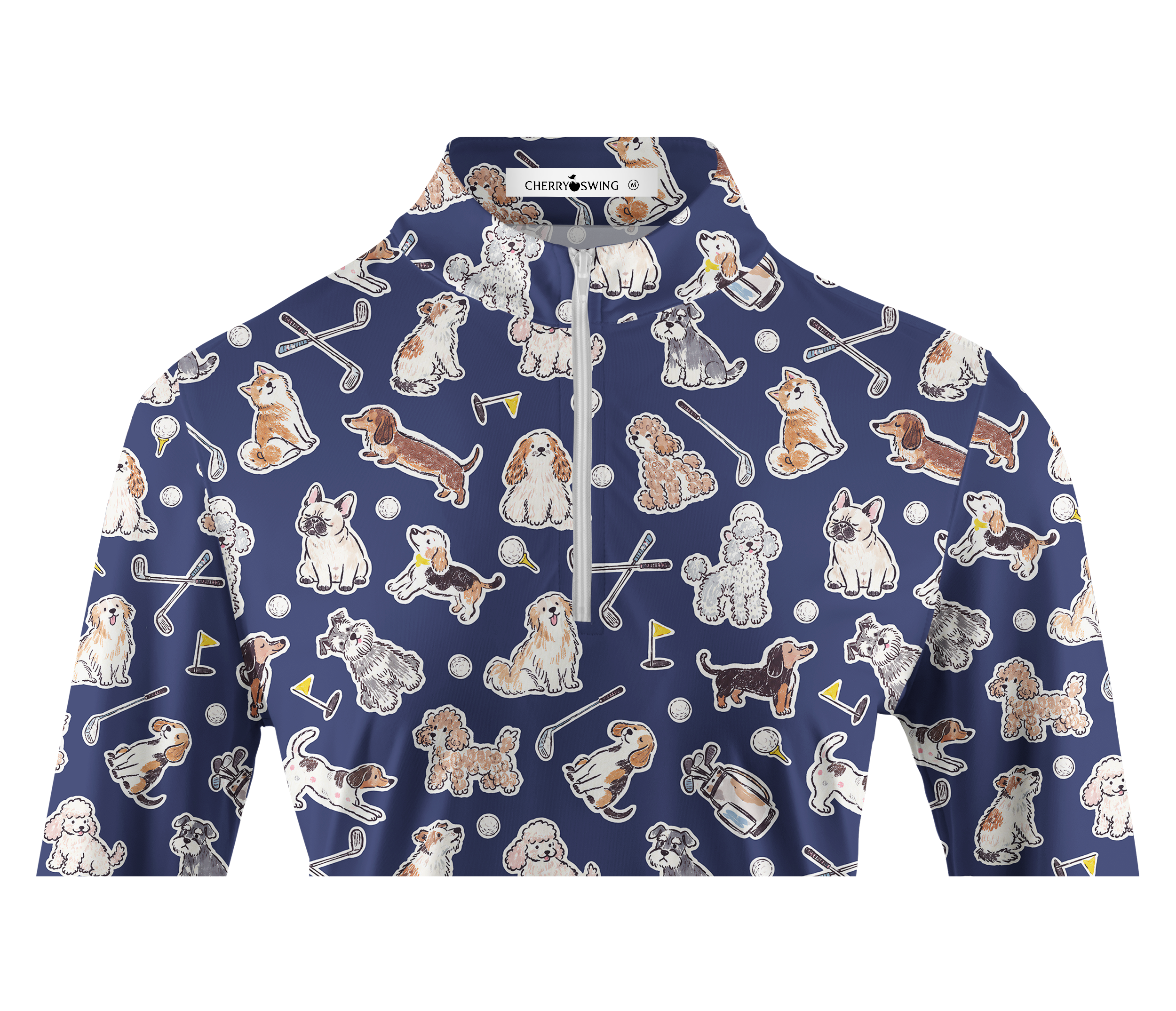 Cherryswing Women's Playful Pups and Golf Gear Print Long Sleeve Polo Shirt