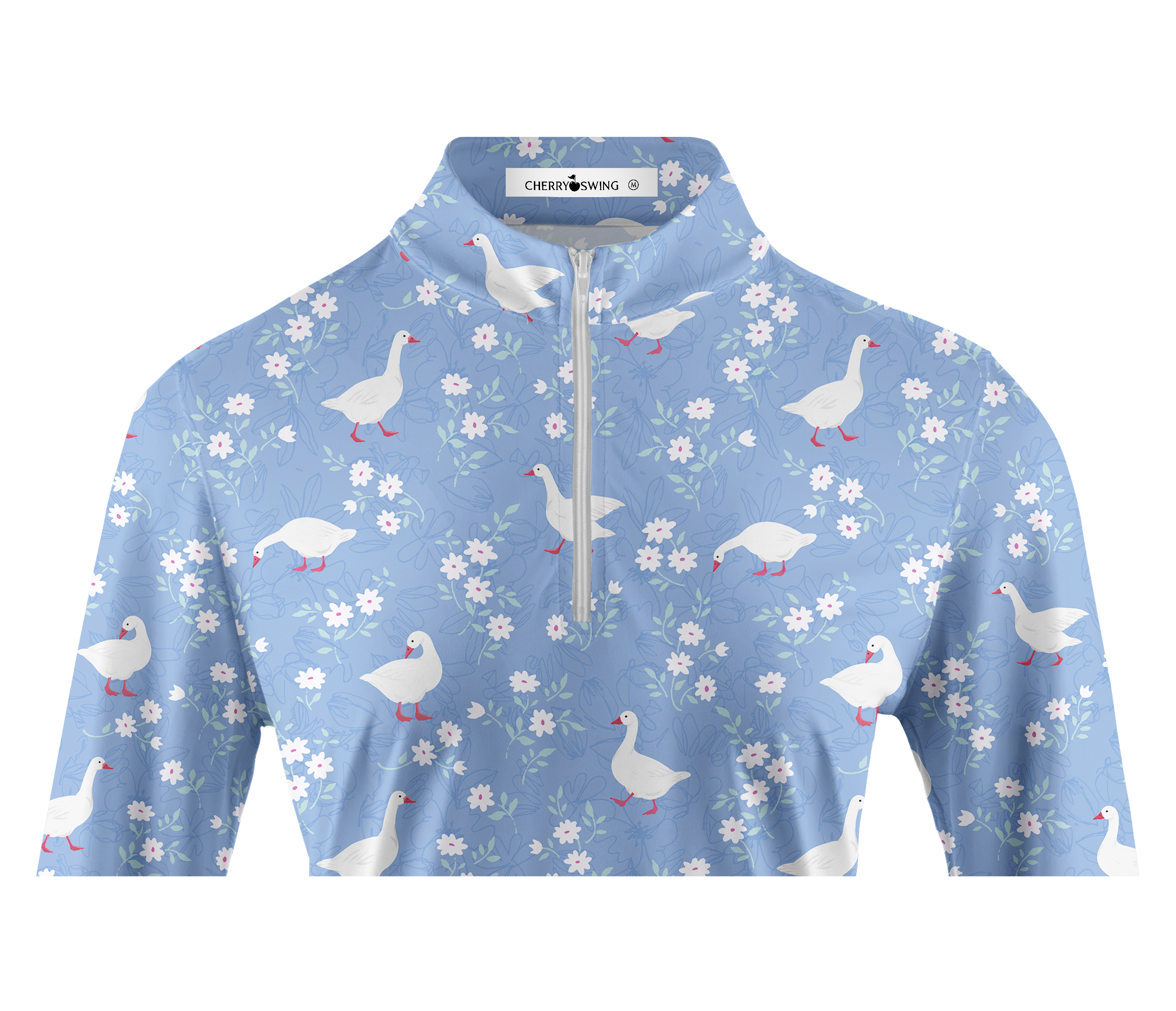 Cherryswing Women's Pastoral Goose and Floral Pattern Long Sleeve Golf Shirt