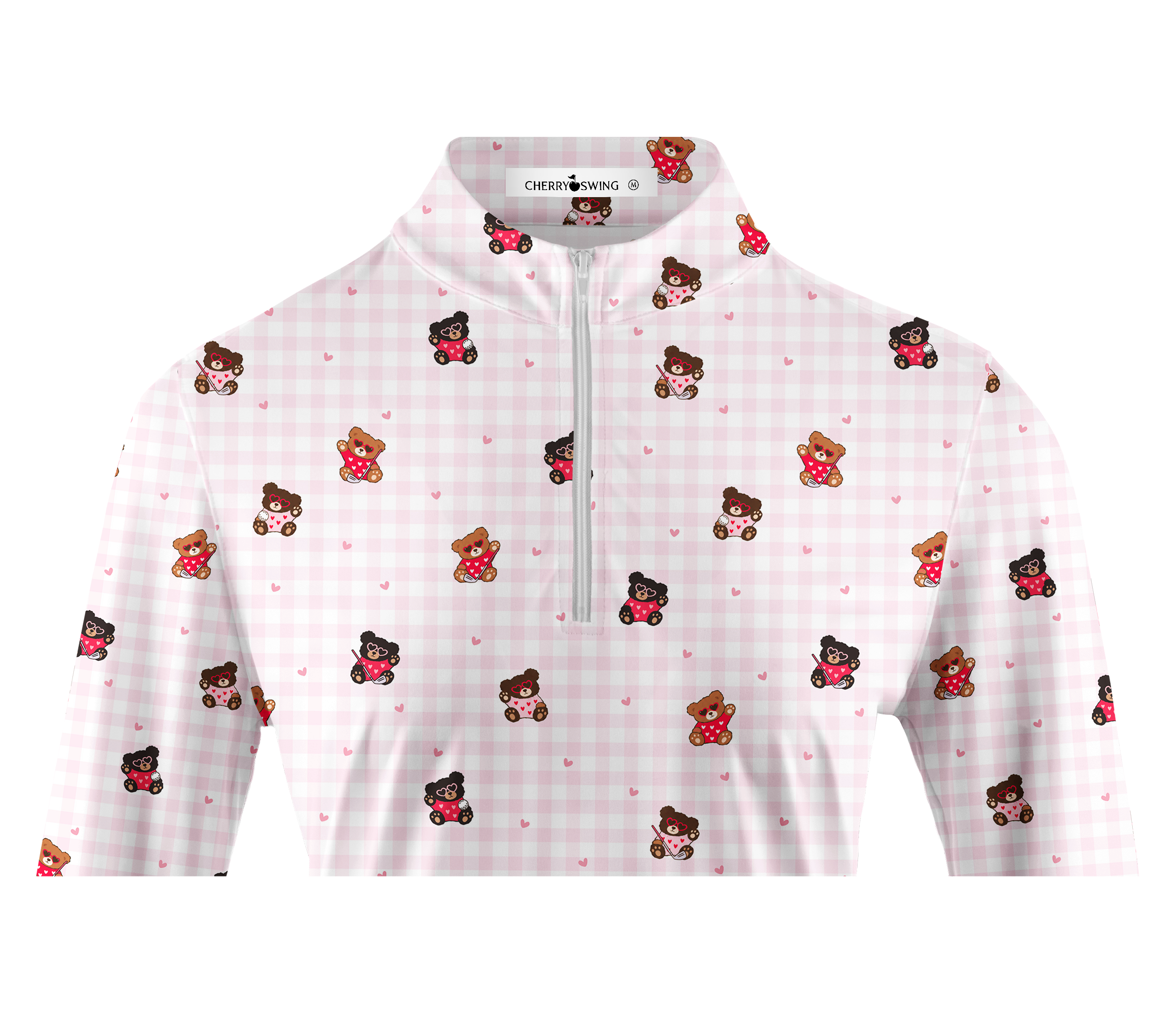 Cherryswing Women's Plaid Bear and Heart Pattern Long Sleeve Golf Shirt