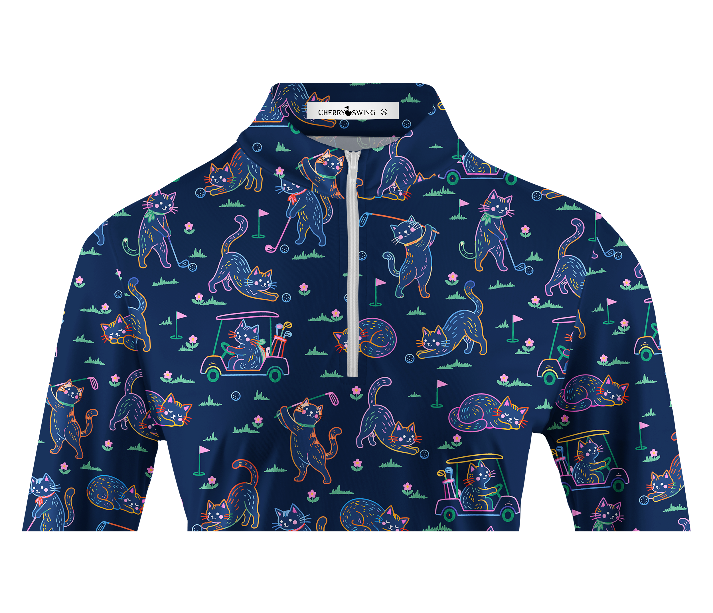 Cherryswing Women's Neon Cat Golf Theme Pattern Long Sleeve Golf Shirt