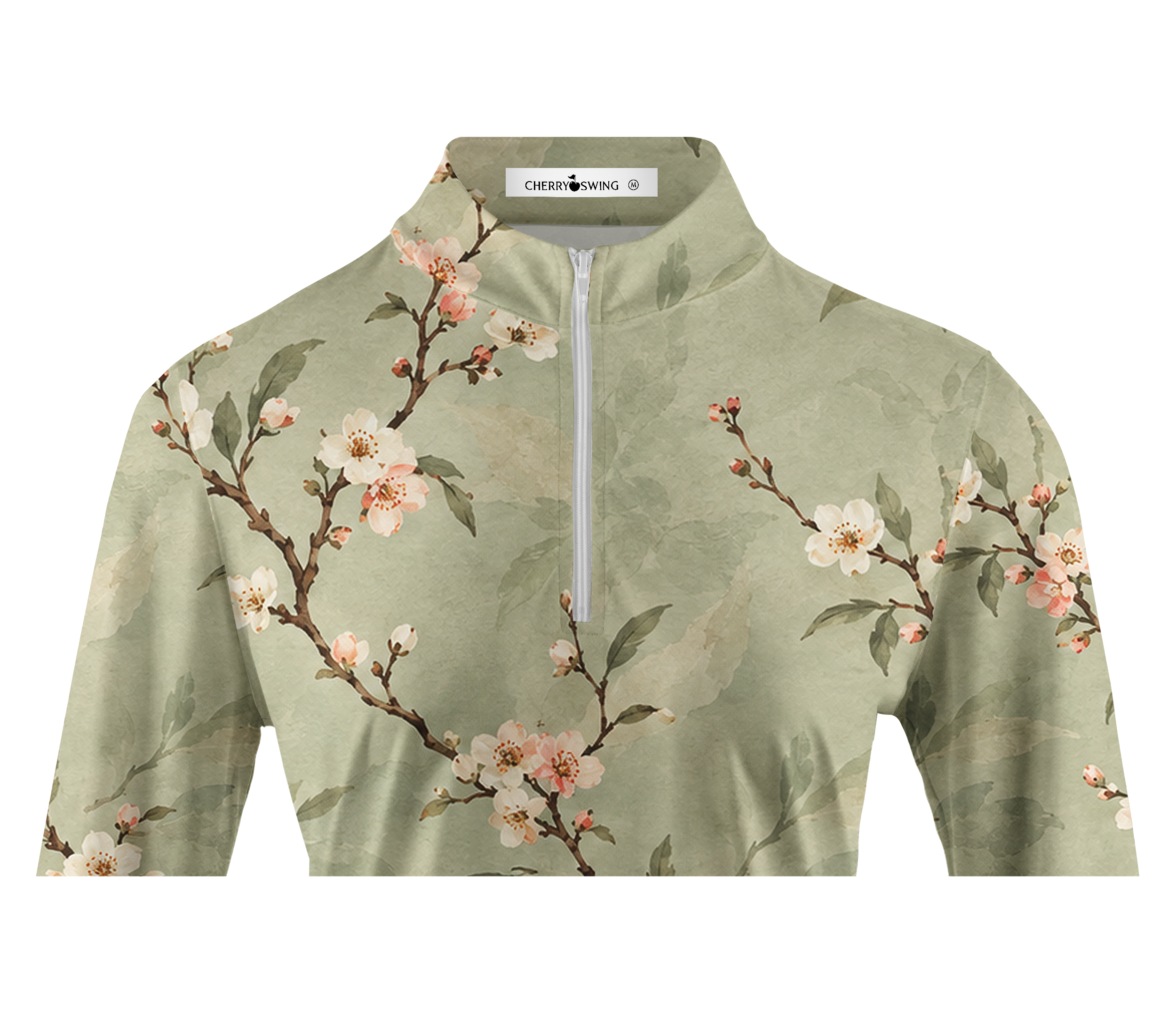 Cherryswing Women's Ink Wash Apricot Blossom Branch Pattern Long Sleeve Golf Shirt