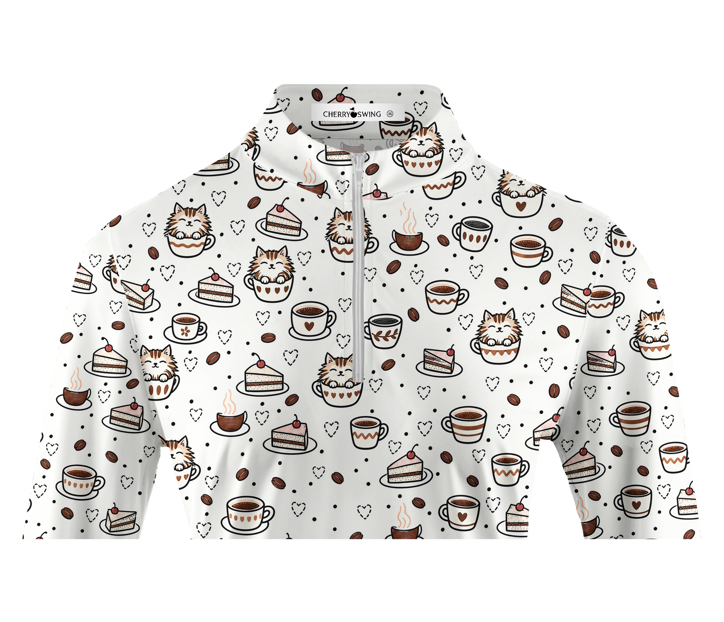 Cherryswing Women's Cute Cat and Coffee Print Long Sleeve Golf Shirt