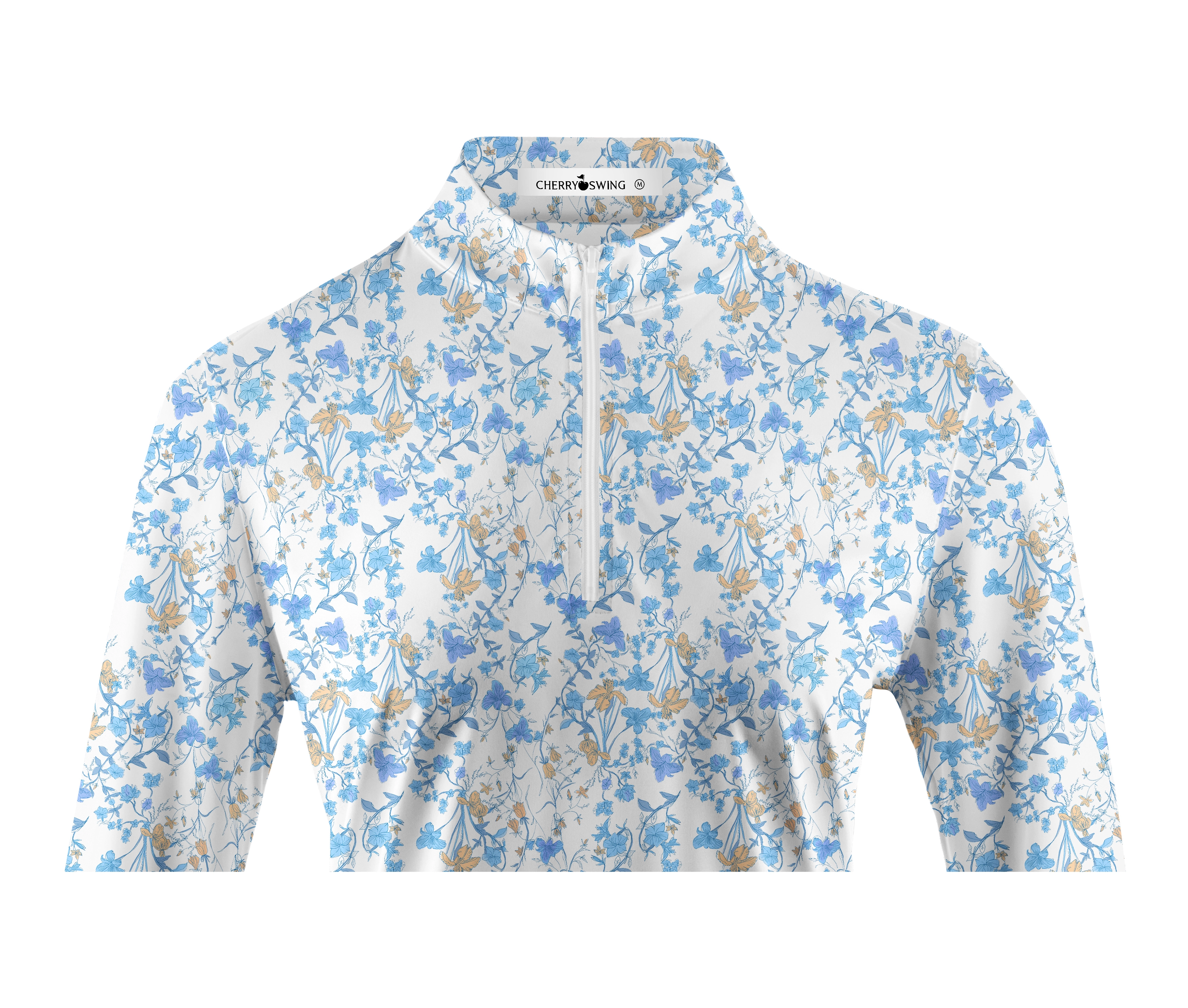 Cherryswing Women's Blue Floral Print Long Sleeve Golf Polo