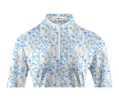 Cherryswing Women's Blue Floral Print Long Sleeve Golf Polo