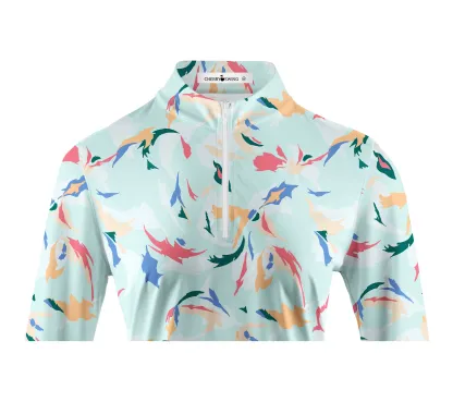 Cherryswing Women's Golf Floral Color Matching Long Sleeve Polo Shirt
