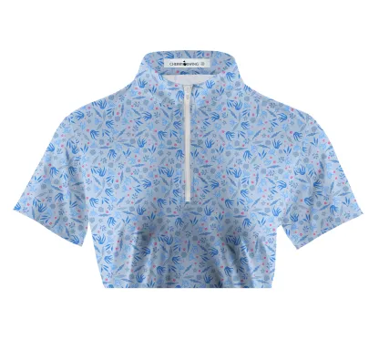 Cherryswing Women's  Sky Blue Floral Golf Sleeve Polo Shirt