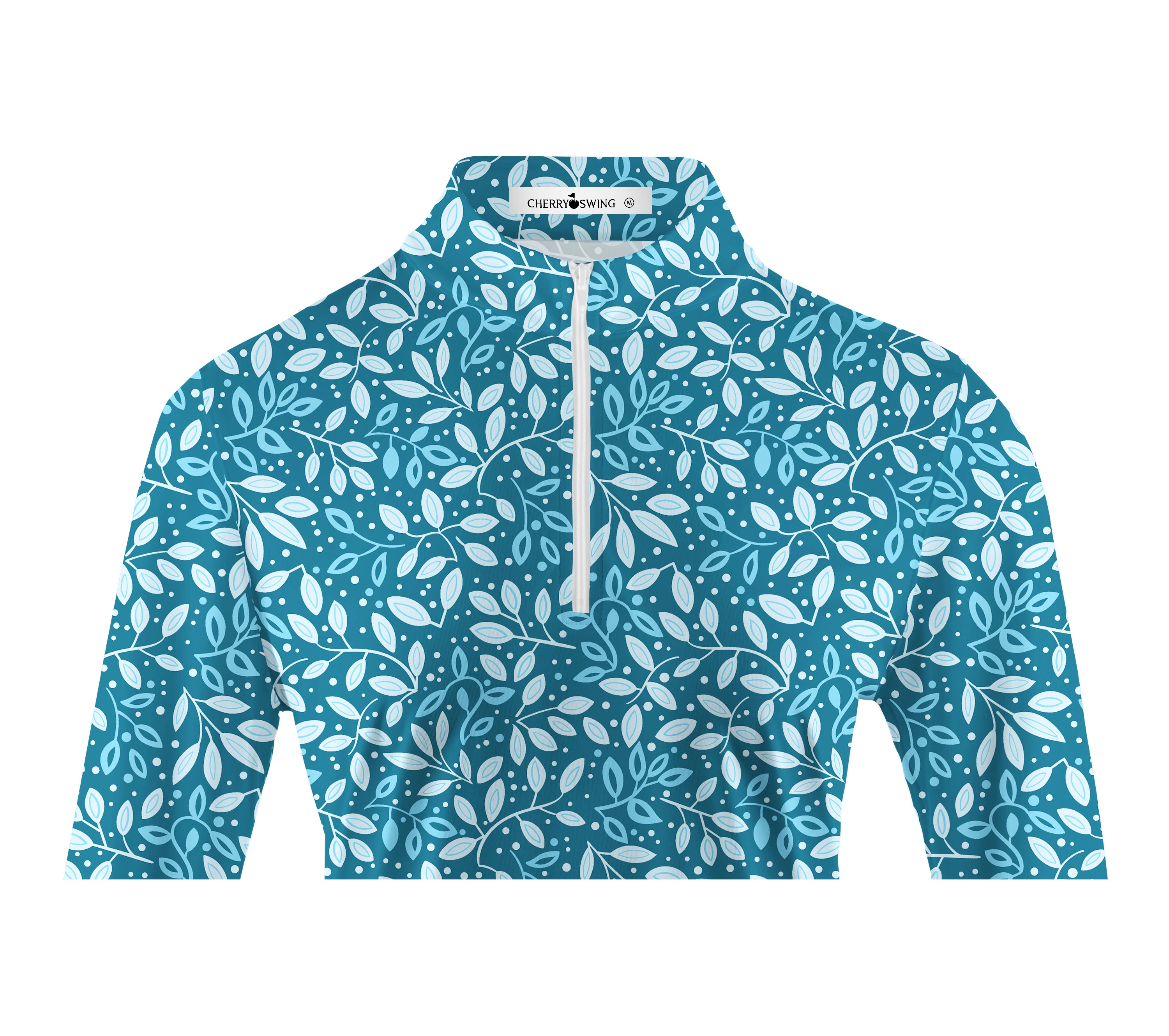 Cherryswing Women's Teal Leaf Motif Long Sleeve Golf Polo Shirt