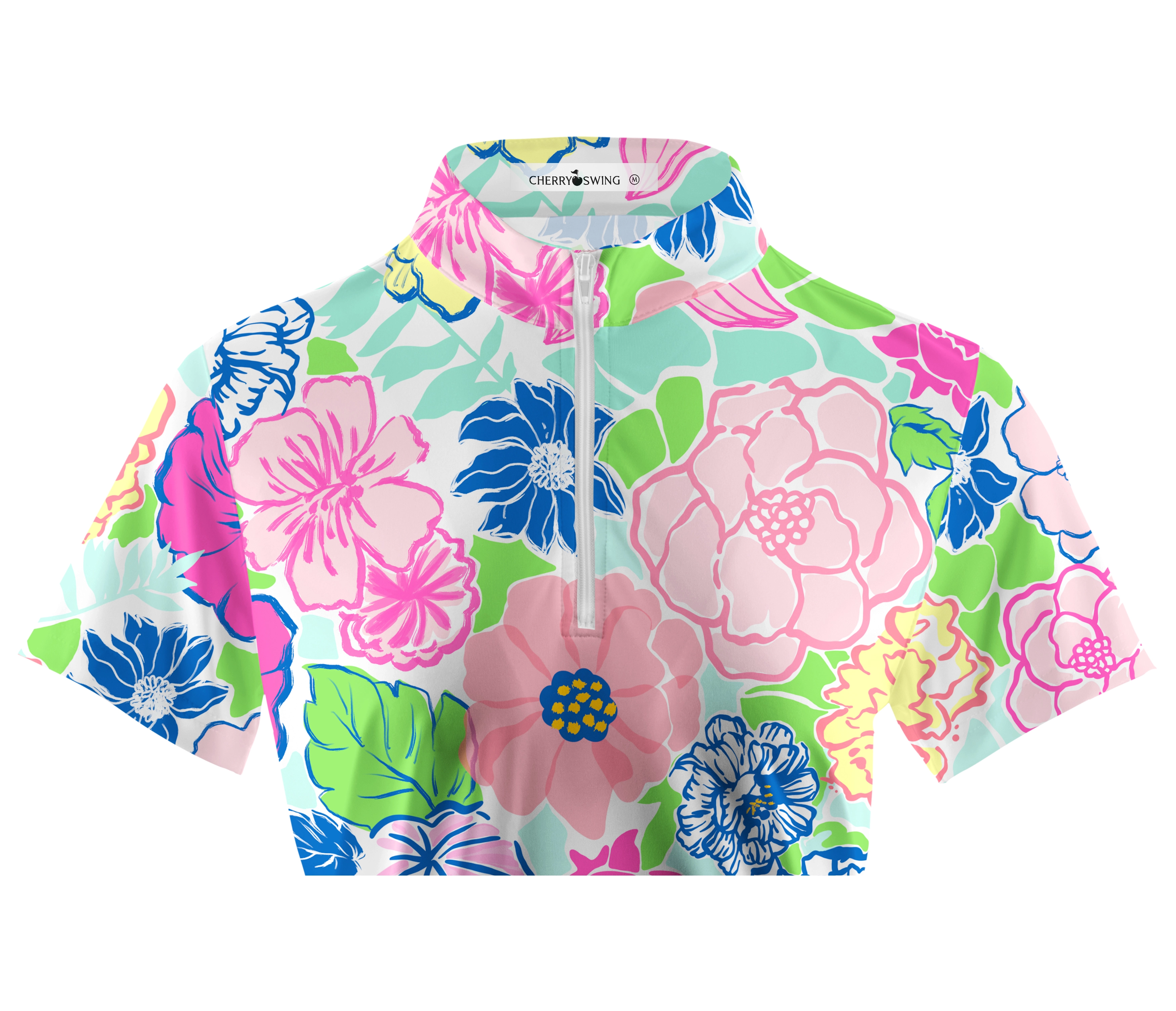 Cherryswing Women's Stylized Flowers Short Sleeve Polo Shirt