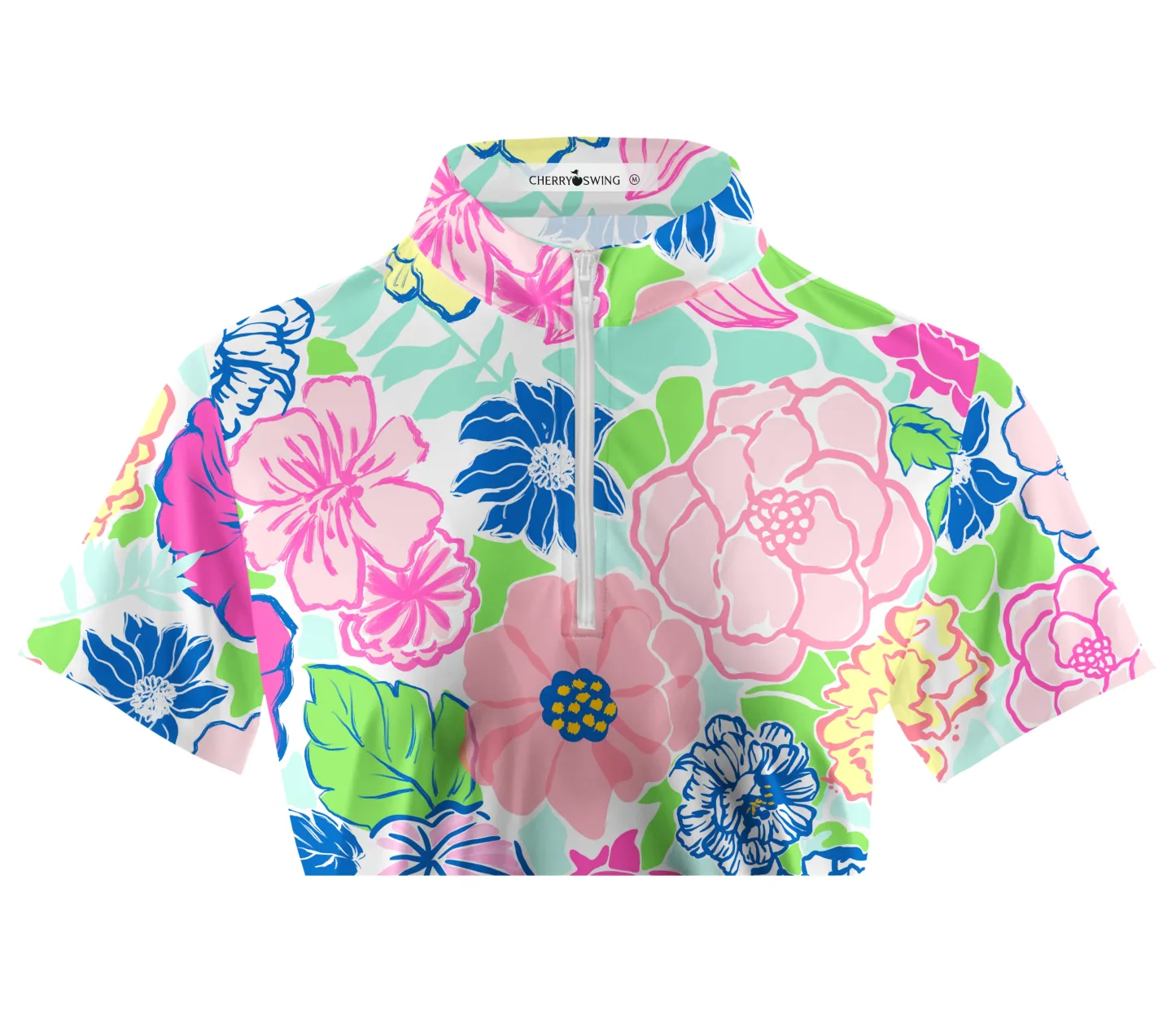 Cherryswing Women's Stylized Flowers Short Sleeve Polo Shirt