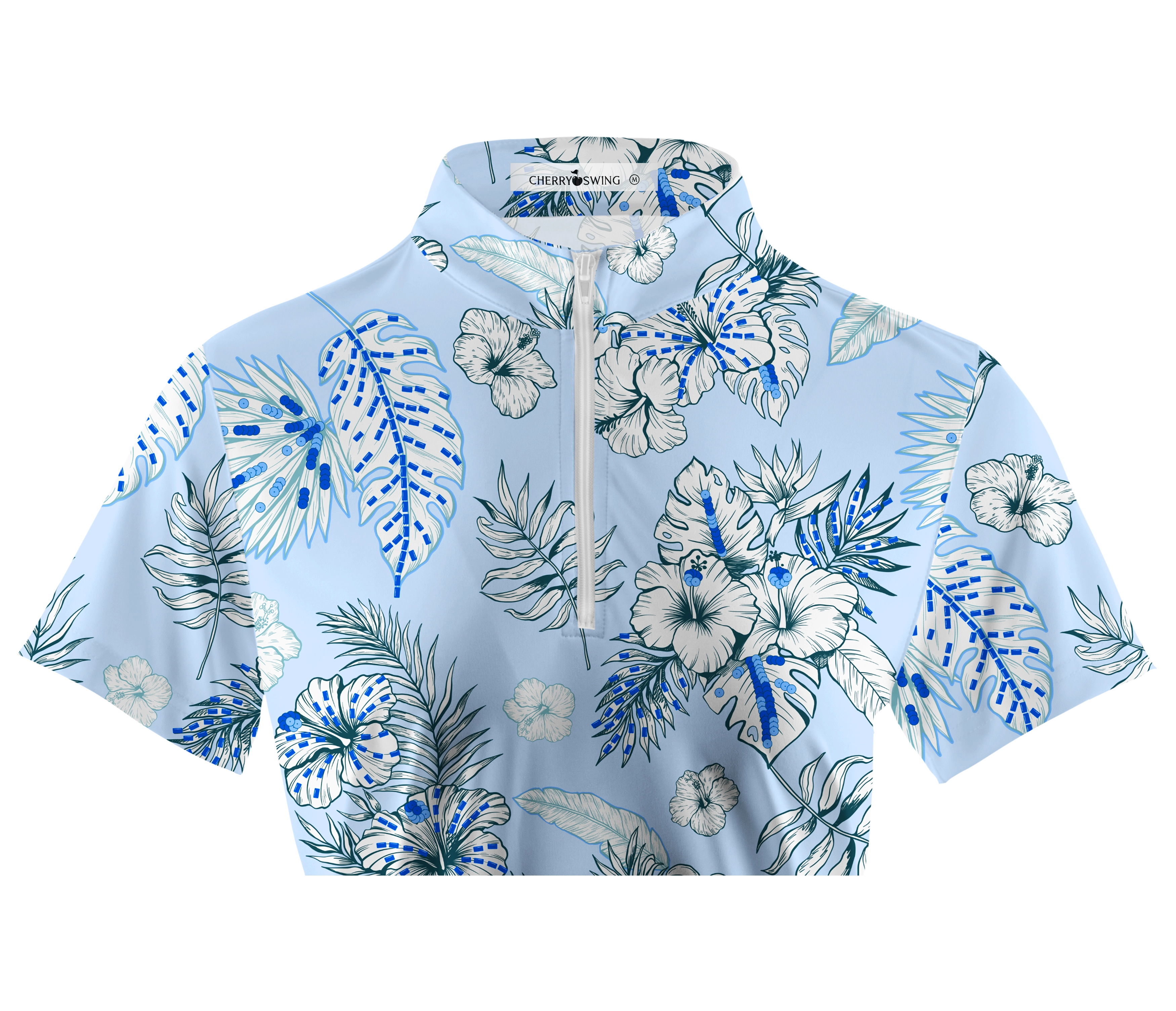 Cherryswing Women's Blue and White Flowers Short Sleeve Polo Shirt