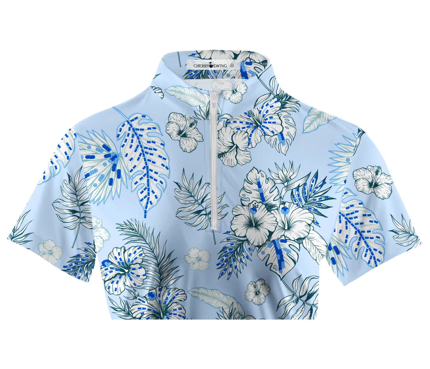 Cherryswing Women's Blue and White Flowers Short Sleeve Polo Shirt