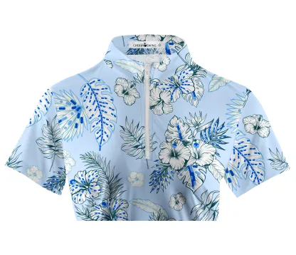 Cherryswing Women's Blue and White Flowers Short Sleeve Polo Shirt