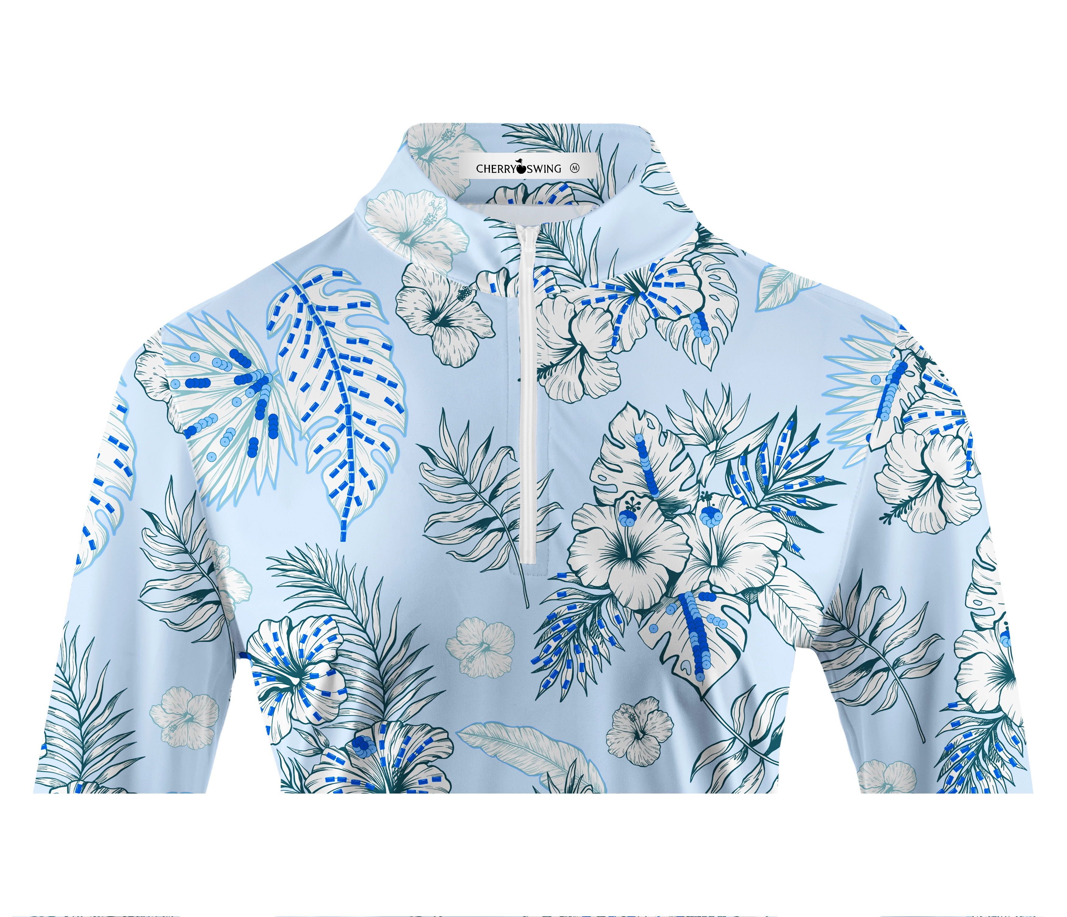 Cherryswing Women's Blue and White Flowers Golf Long Sleeve Polo Shirt