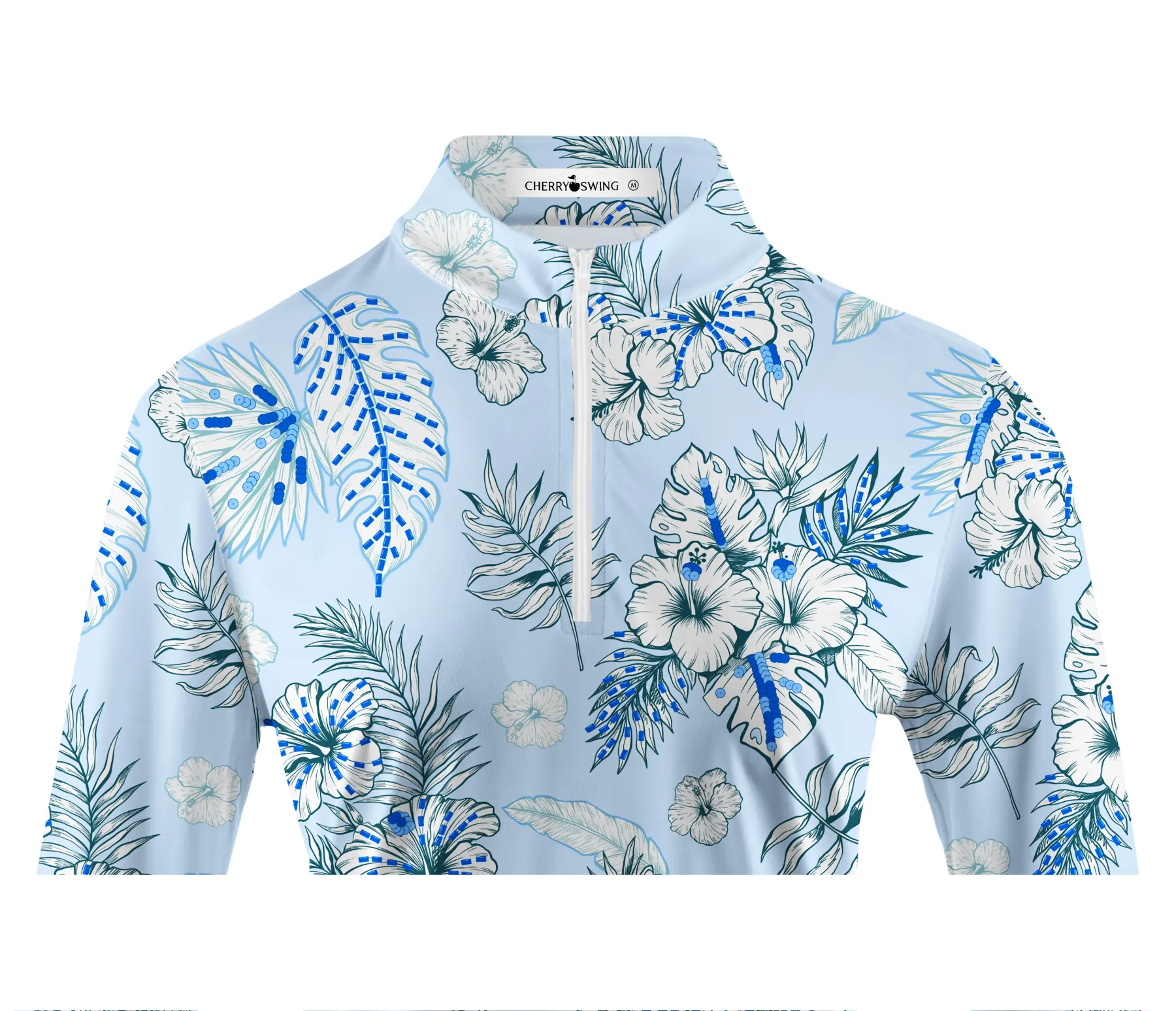 Cherryswing Women's Blue and White Flowers Golf Long Sleeve Polo Shirt