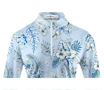 Cherryswing Women's Blue and White Flowers Golf Long Sleeve Polo Shirt