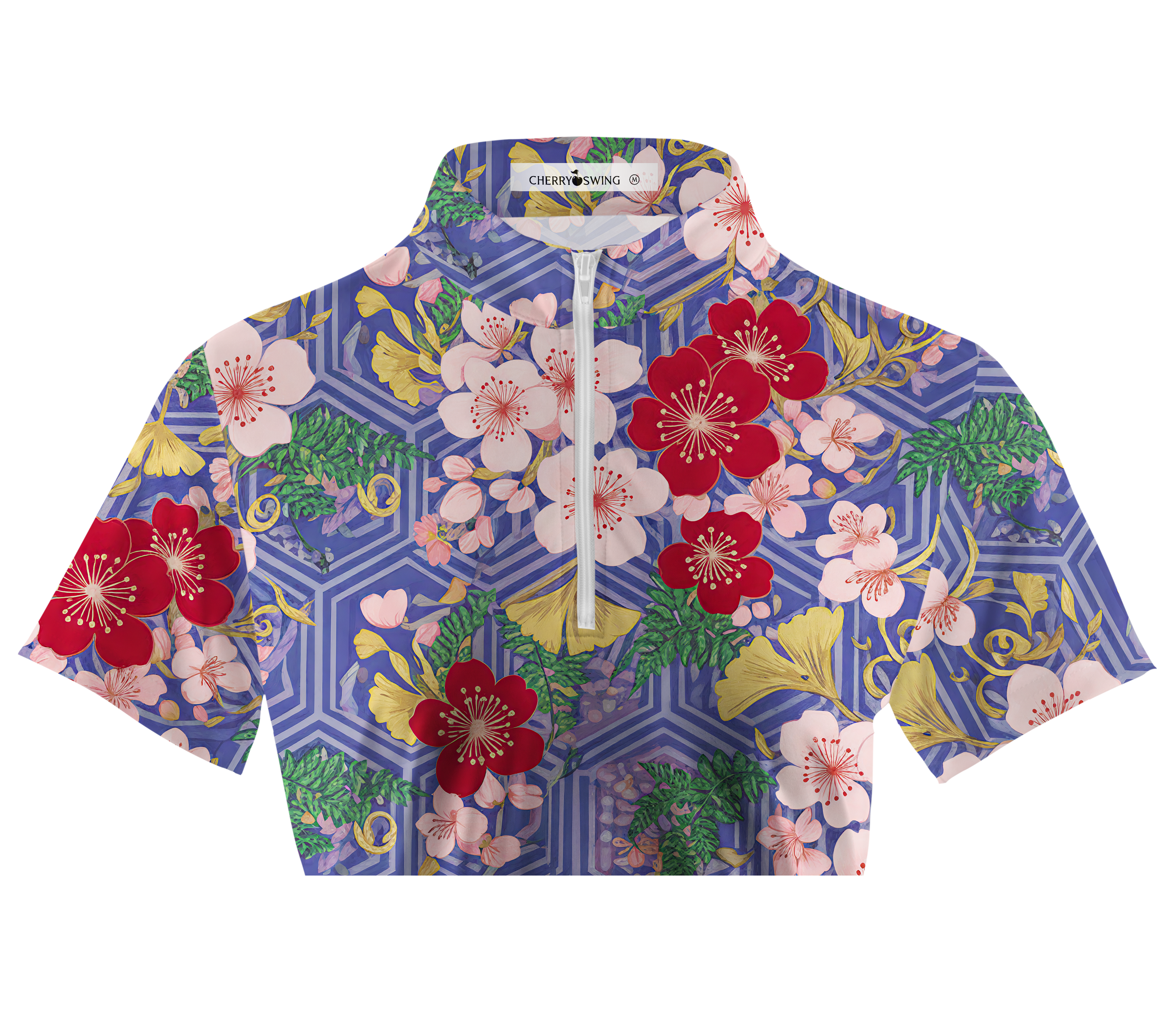 Cherryswing Women's Oriental Blossom Print Short Sleeve Polos