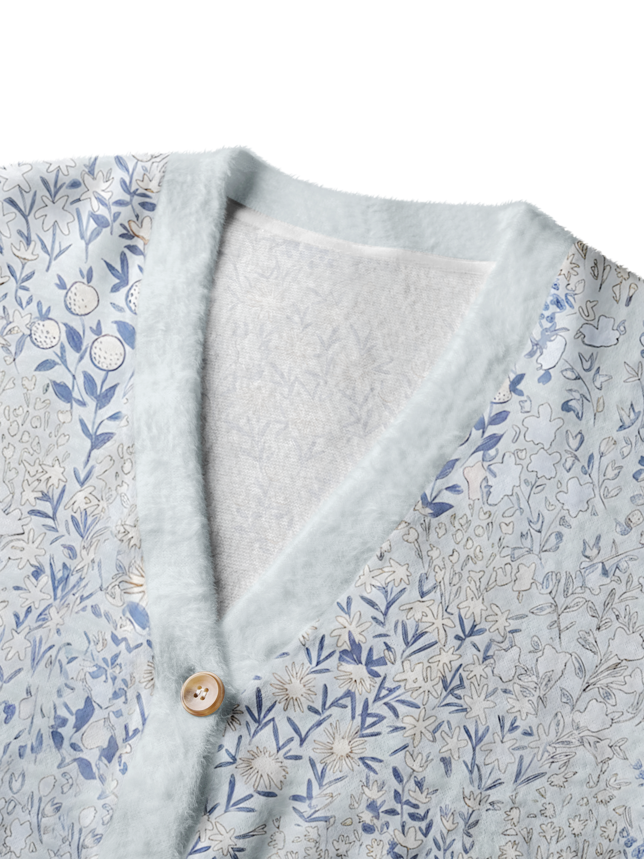 Cherryswing Women's Porcelain Botanical Sketch Fuzzy Knit Golf Cardigan