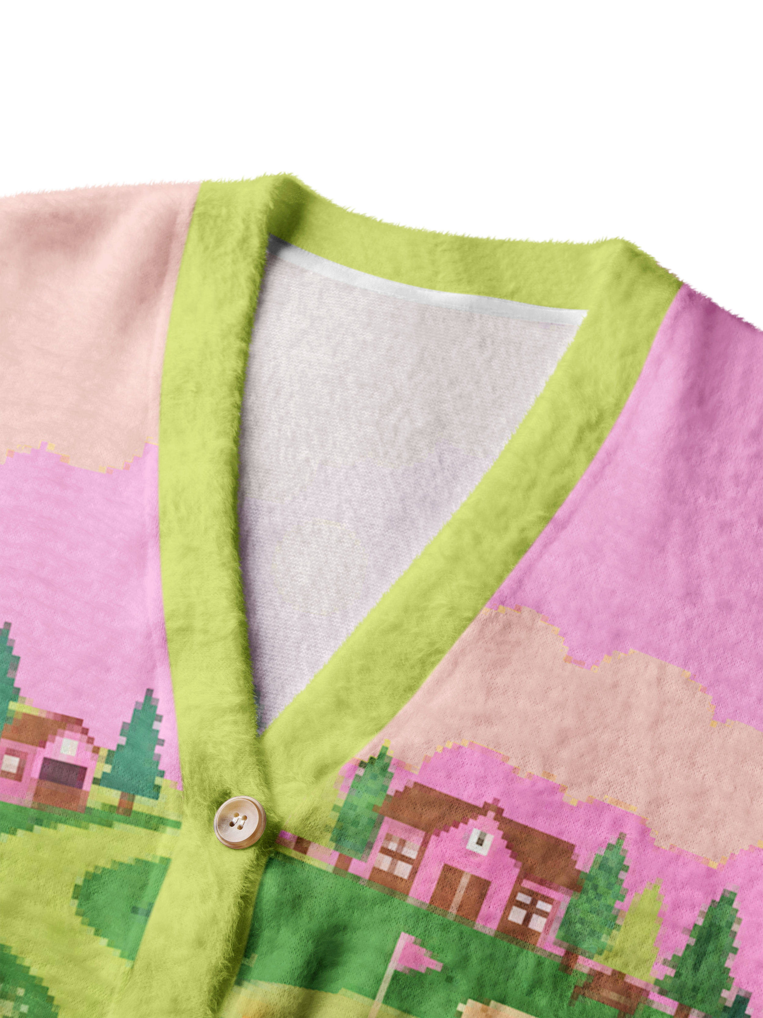 Cherryswing Women's Retro Pixel Landscape Fuzzy Knit Golf Cardigan
