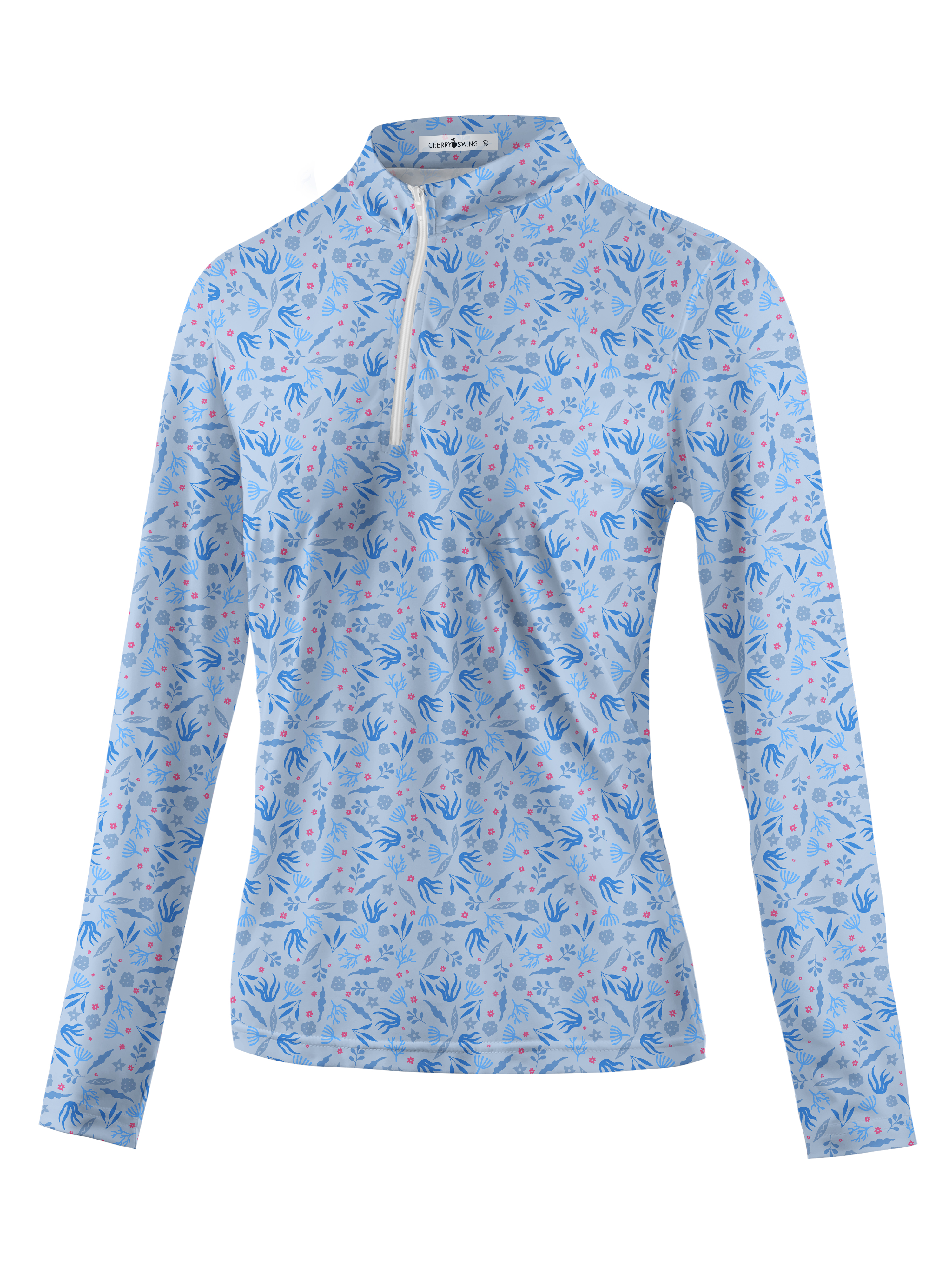 Cherryswing Women's Sky Blue Floral Long Sleeve Polo Shirt