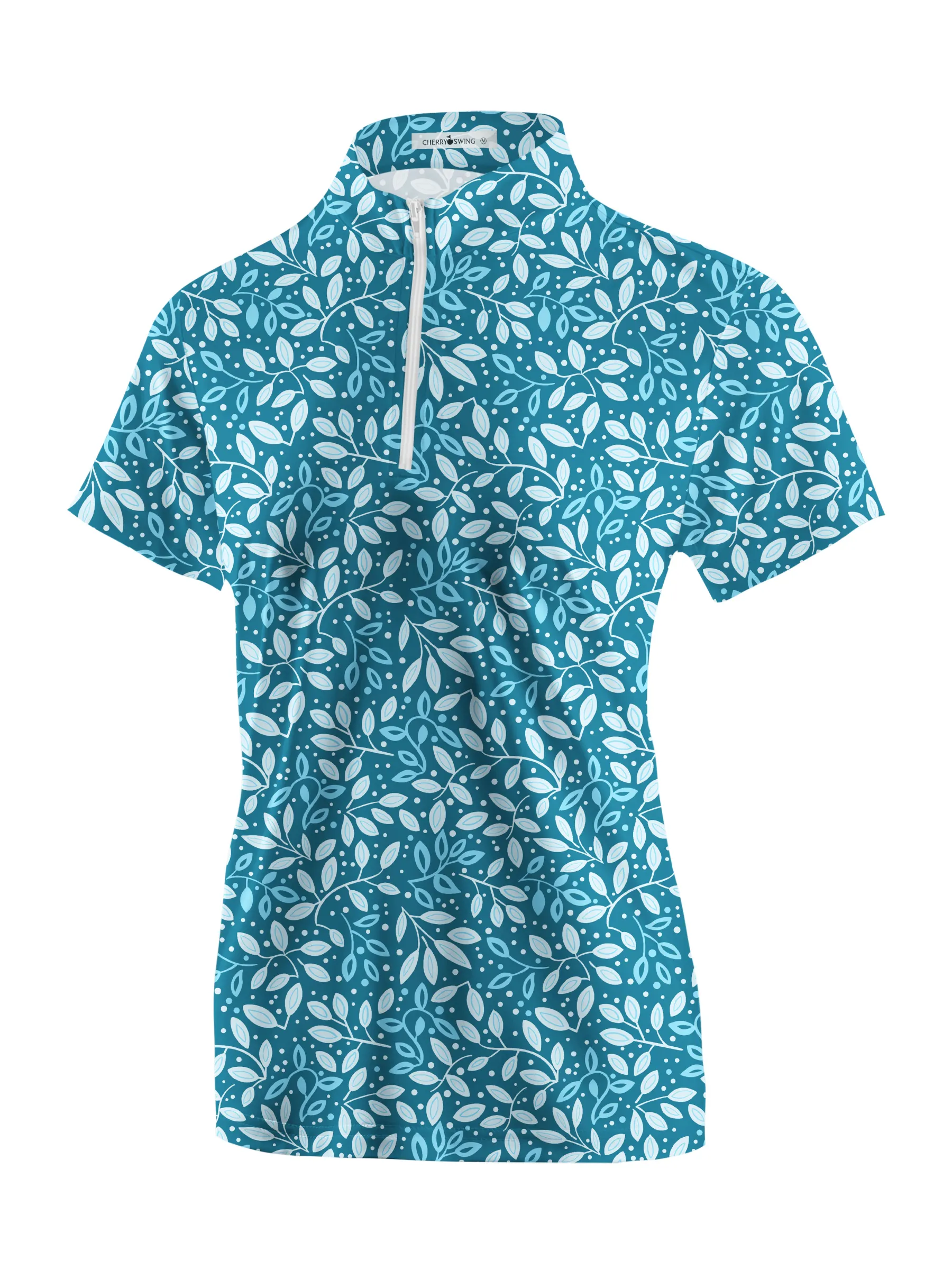 Cherryswing Women's Teal Leaf Motif Short Sleeve Golf Polo Shirt