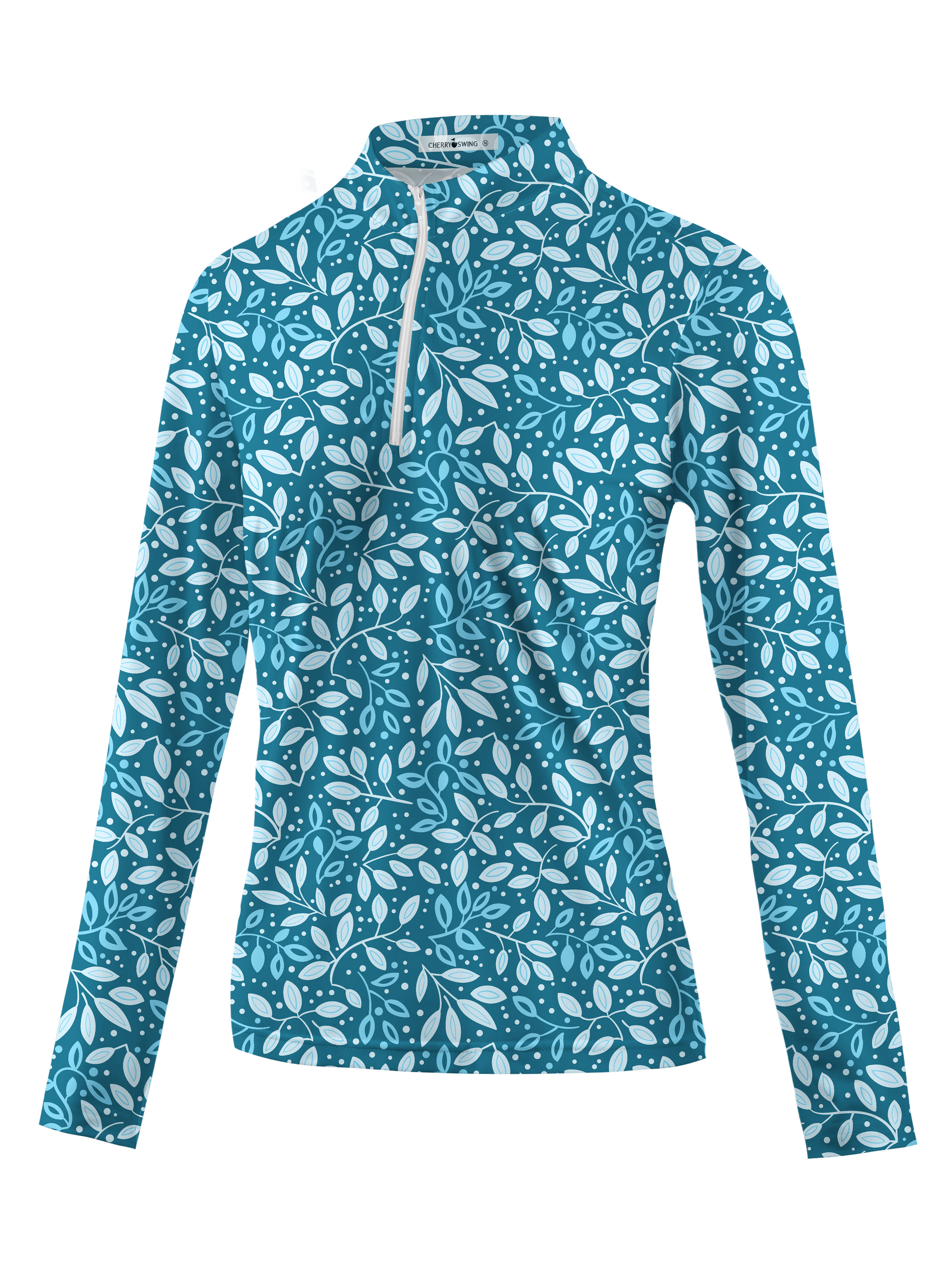 Cherryswing Women's Teal Leaf Motif Long Sleeve Golf Polo Shirt
