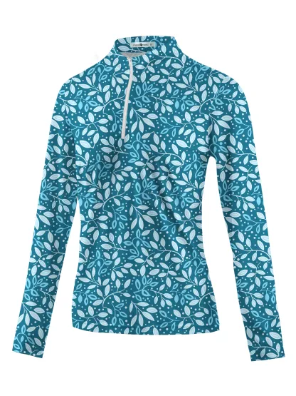 Cherryswing Women's Teal Leaf Motif Long Sleeve Golf Polo Shirt