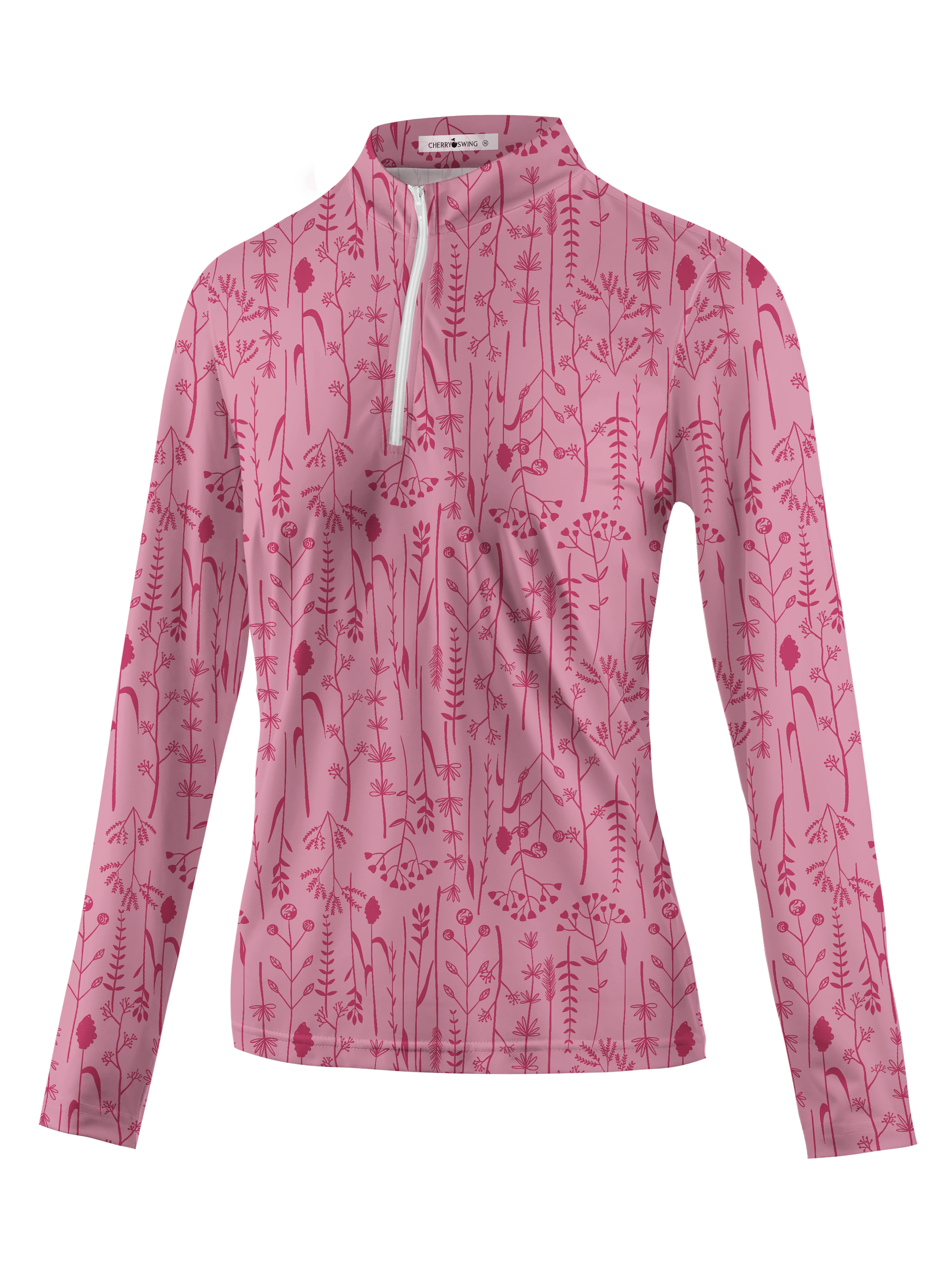 Cherryswing Women's Pink Fern Frolic Long Sleeve Golf Polo Shirt