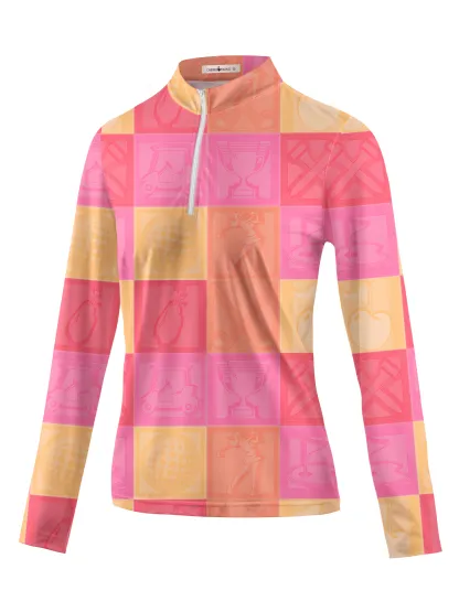Cherryswing Women's Vibrant Checkered Pattern Long Sleeve Golf Shirt