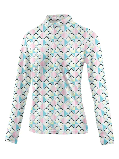 Cherryswing Women's Pastel Colors Geometric Long Sleeve Golf Shirt