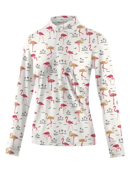 Cherryswing Women's Playful Flamingo Golf Long Sleeve Polo Shirt