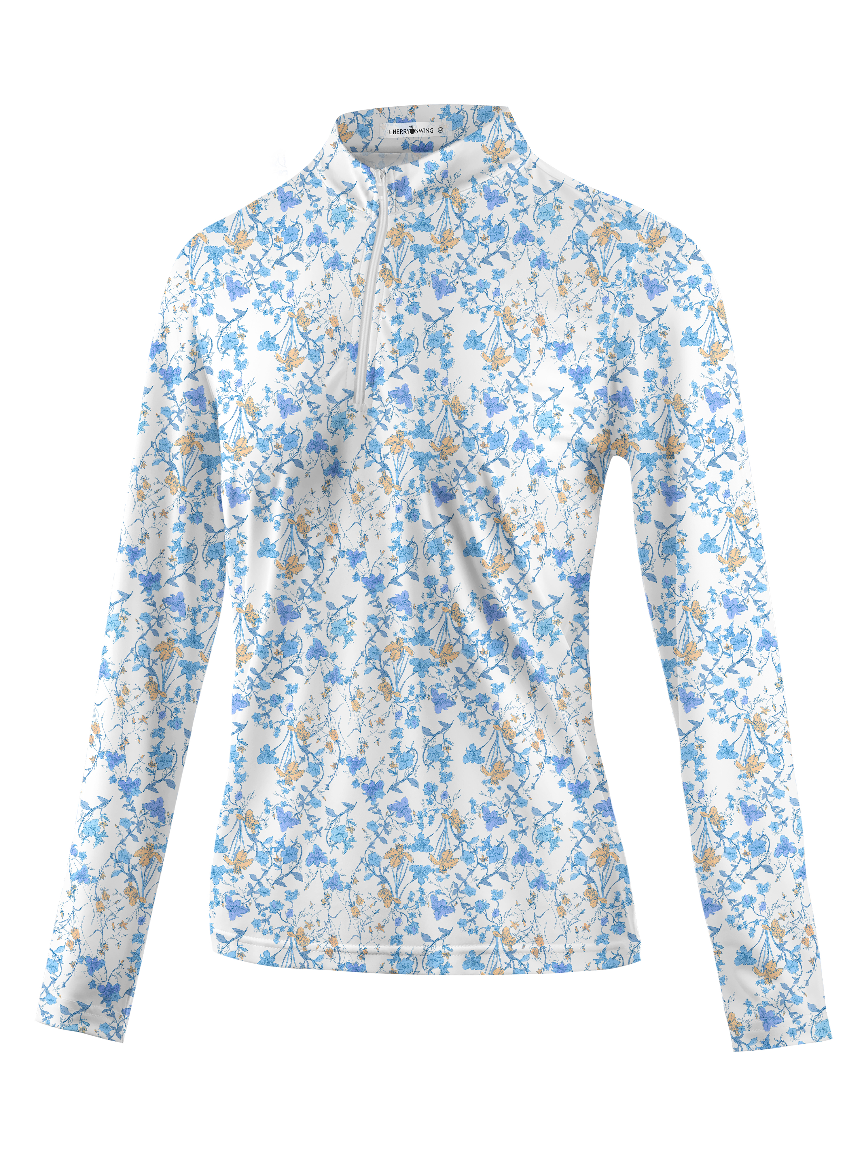 Cherryswing Women's Blue Floral Print Long Sleeve Golf Polo