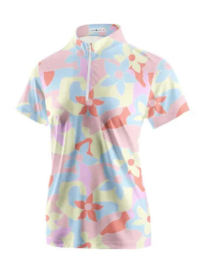 Cherryswing Women's Vibrant Floral Pattern Short Sleeve Polo Shirt