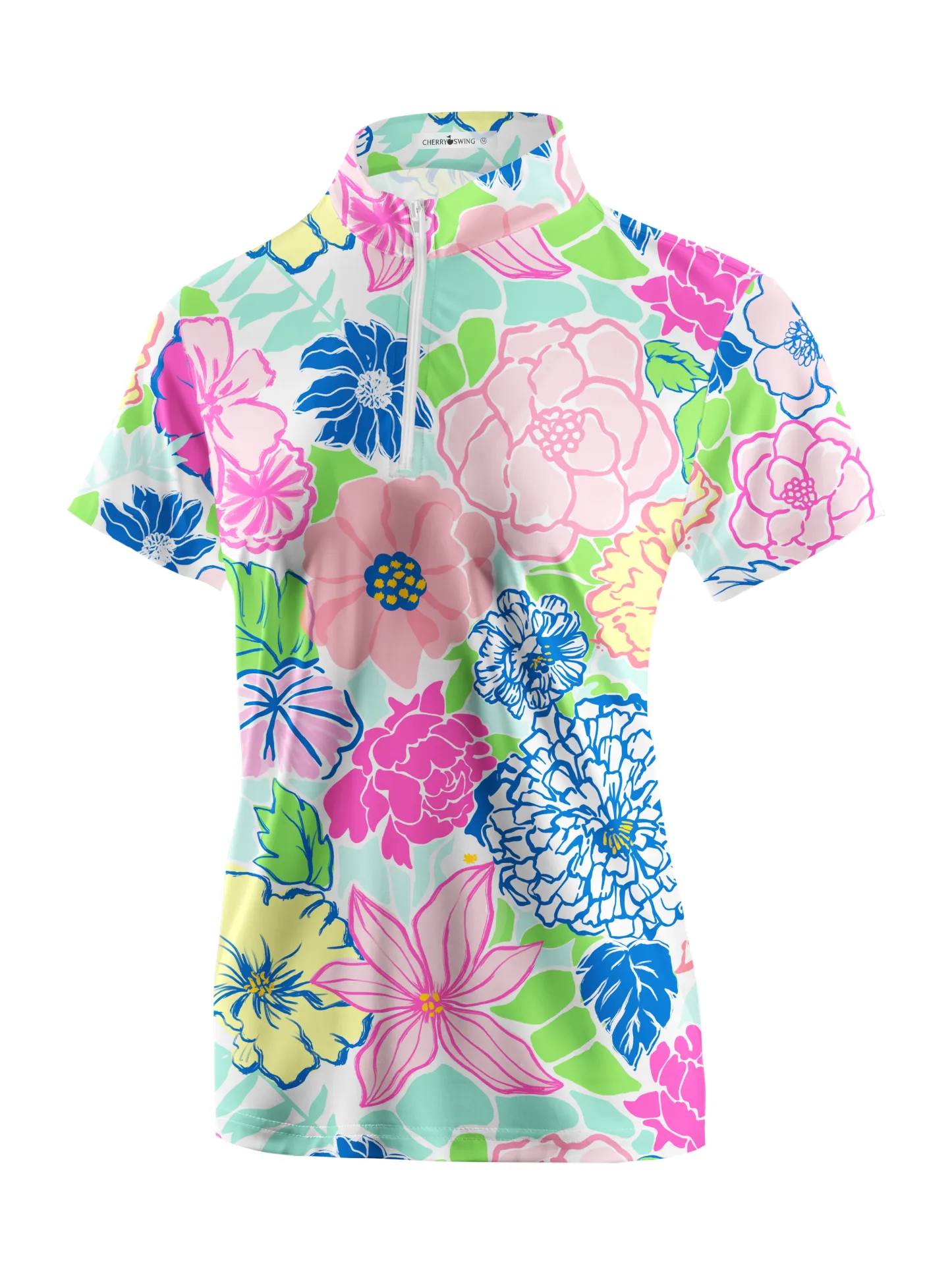 Cherryswing Women's Stylized Flowers Short Sleeve Polo Shirt