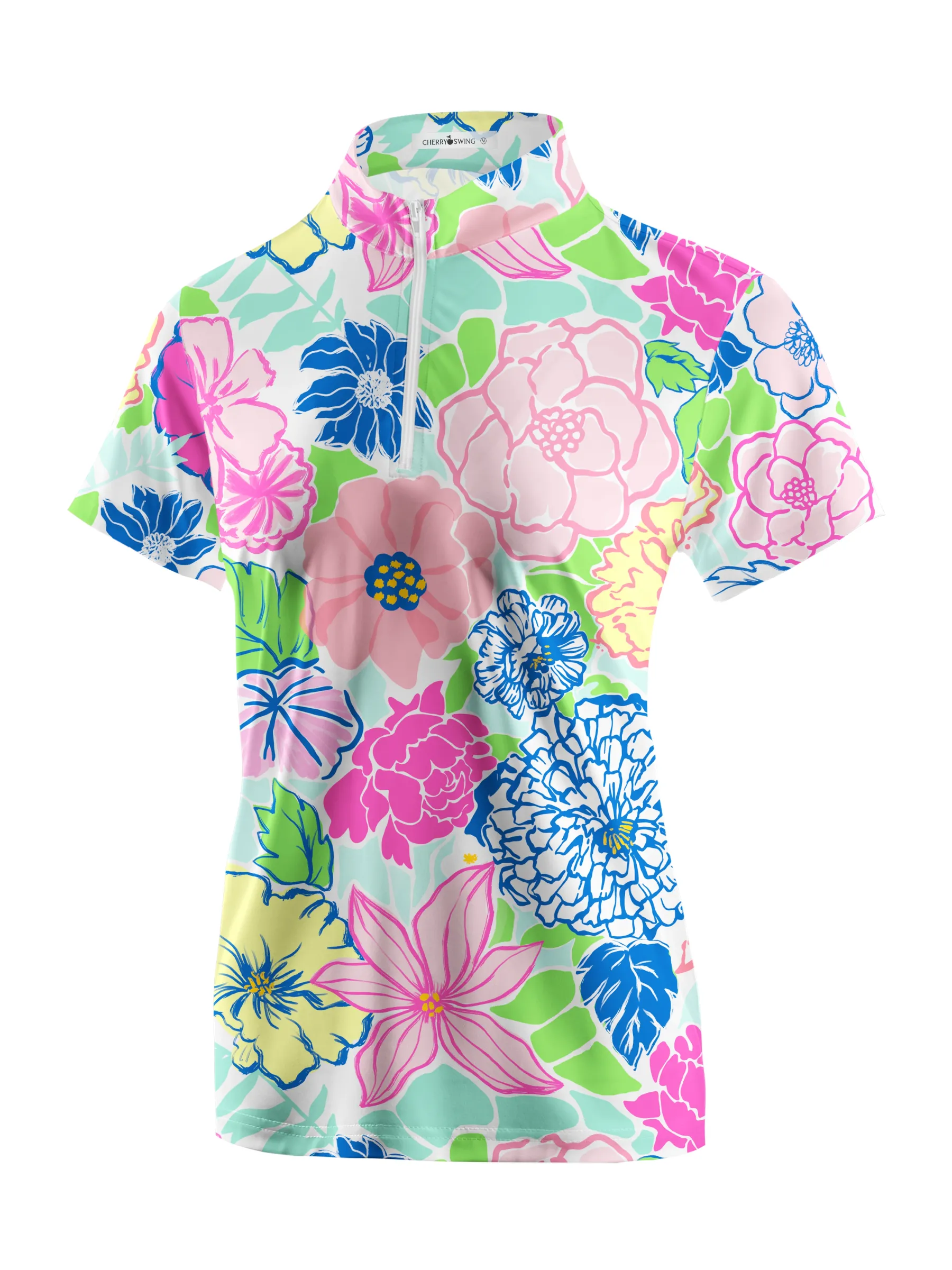 Cherryswing Women's Stylized Flowers Short Sleeve Polo Shirt