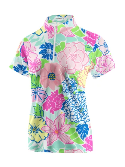 Cherryswing Women's Stylized Flowers Short Sleeve Polo Shirt