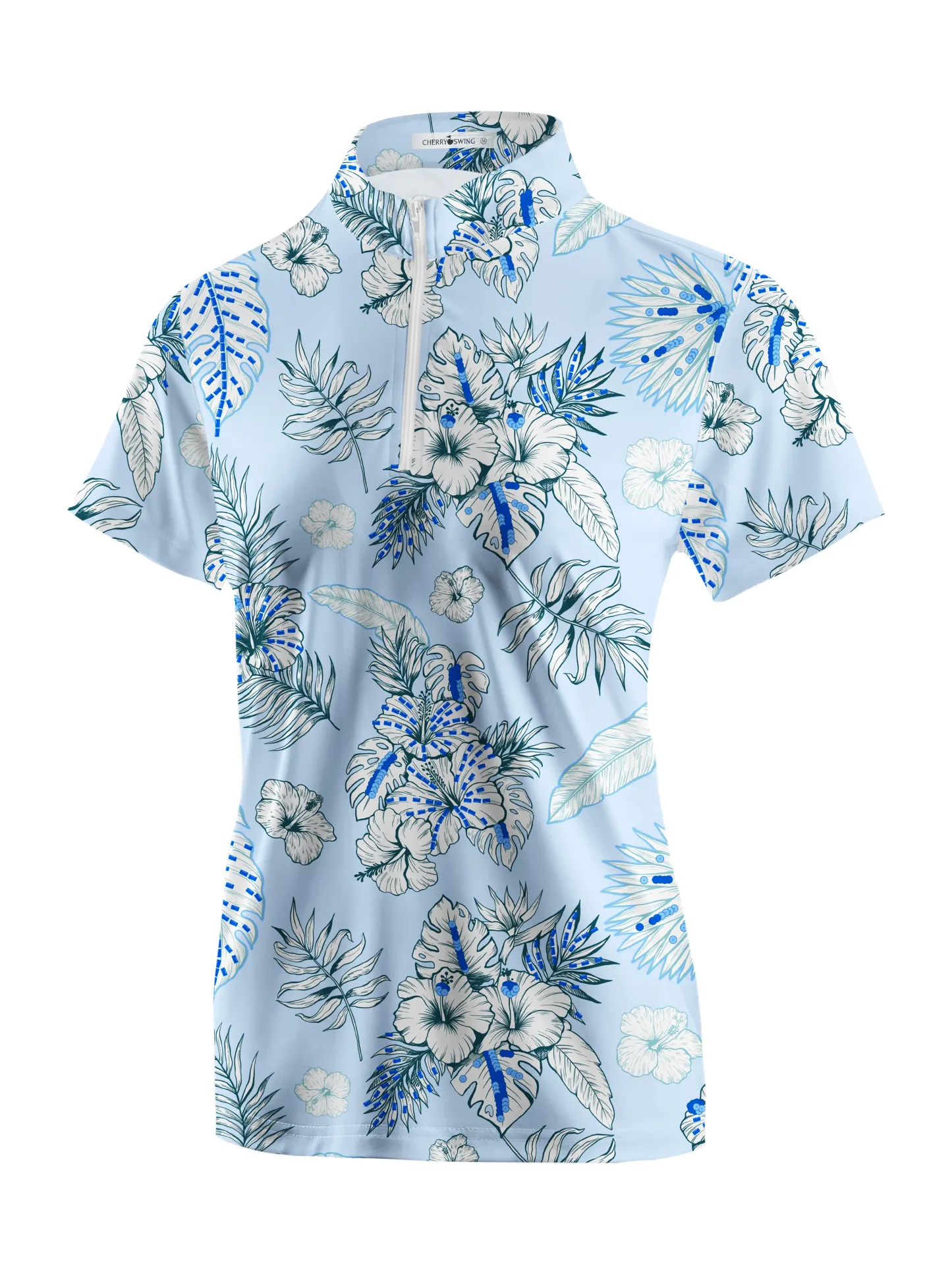 Cherryswing Women's Blue and White Flowers Short Sleeve Polo Shirt