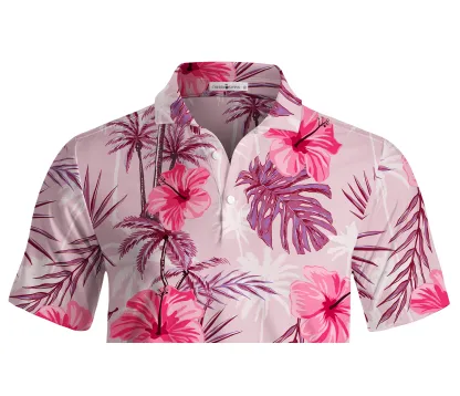 Cherryswing Tropical Hibiscuss Motif Men's Polo Shirt