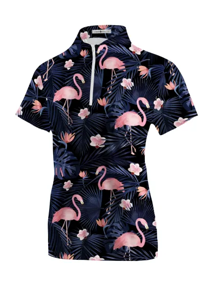 Cherryswing Women's Dancing Flamingo Short Sleeve Polo Shirt