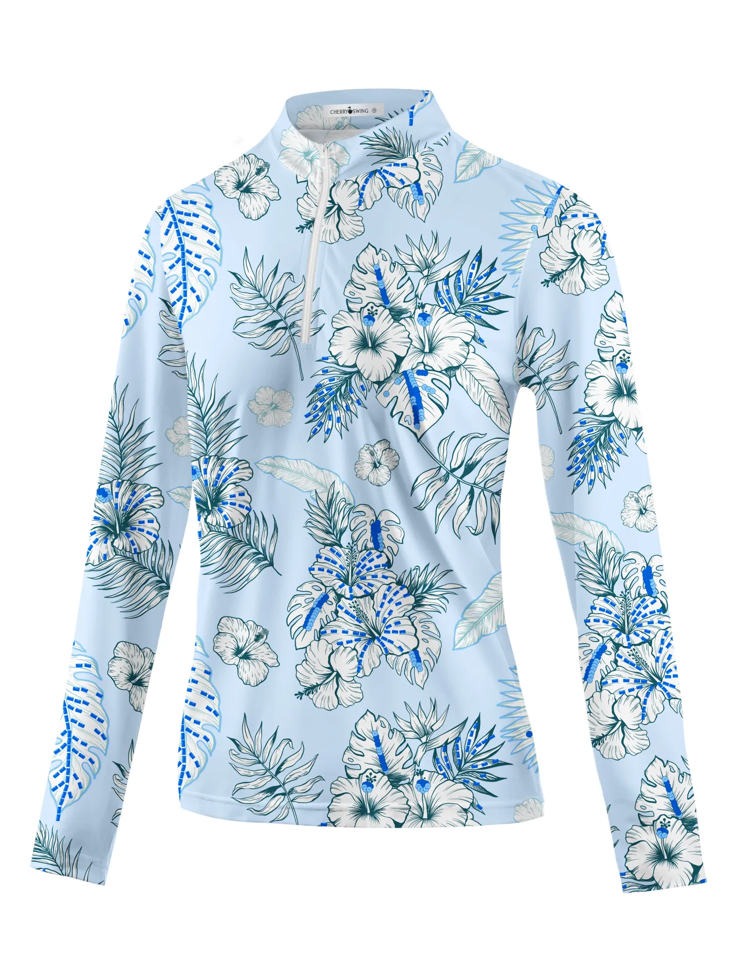 Cherryswing Women's Blue and White Flowers Golf Long Sleeve Polo Shirt