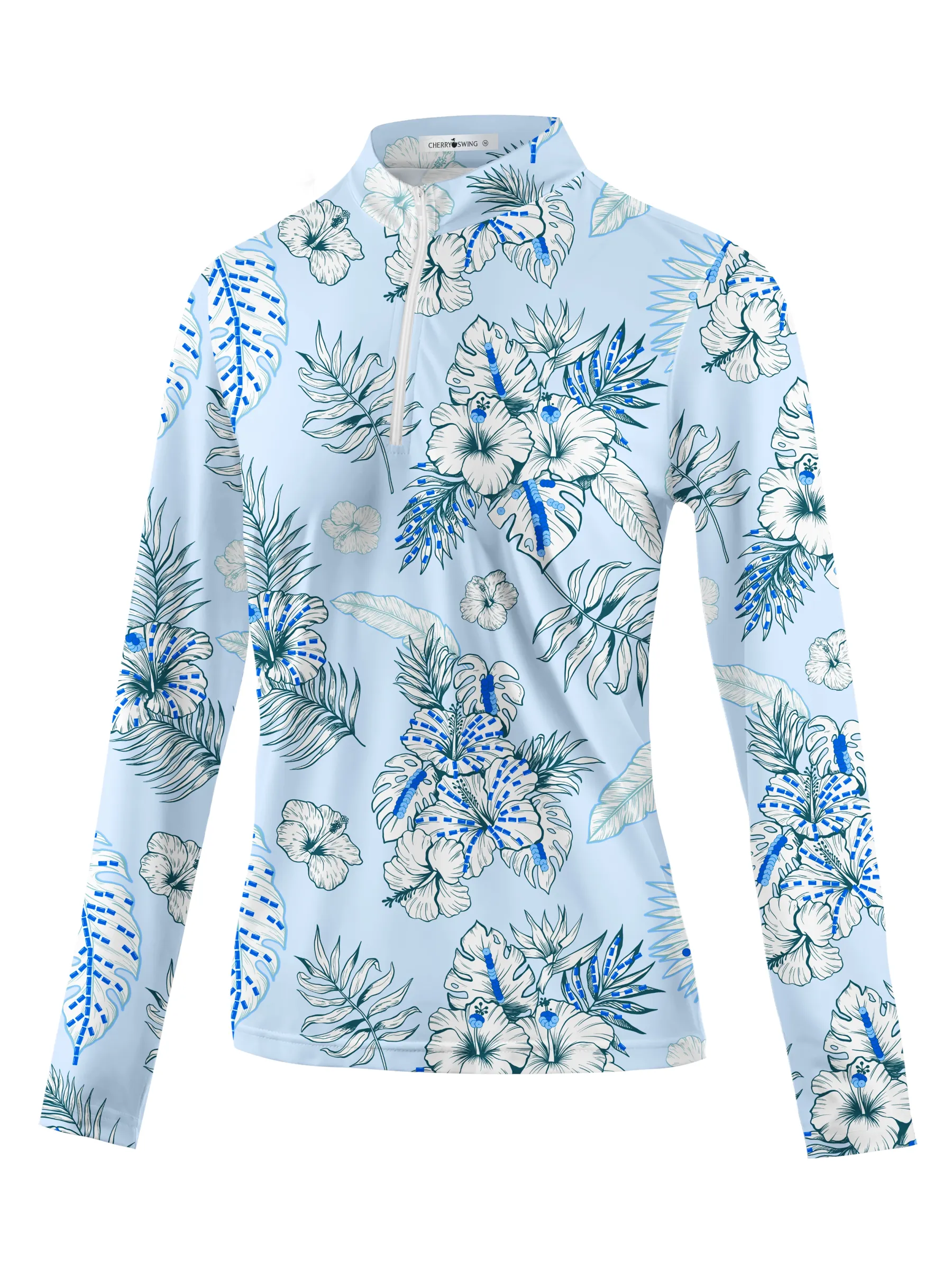 Cherryswing Women's Blue and White Flowers Golf Long Sleeve Polo Shirt