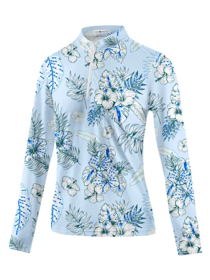 Cherryswing Women's Blue and White Flowers Golf Long Sleeve Polo Shirt