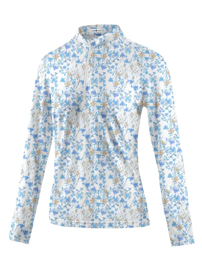 Cherryswing Women's Blue Floral Print Long Sleeve Golf Polo