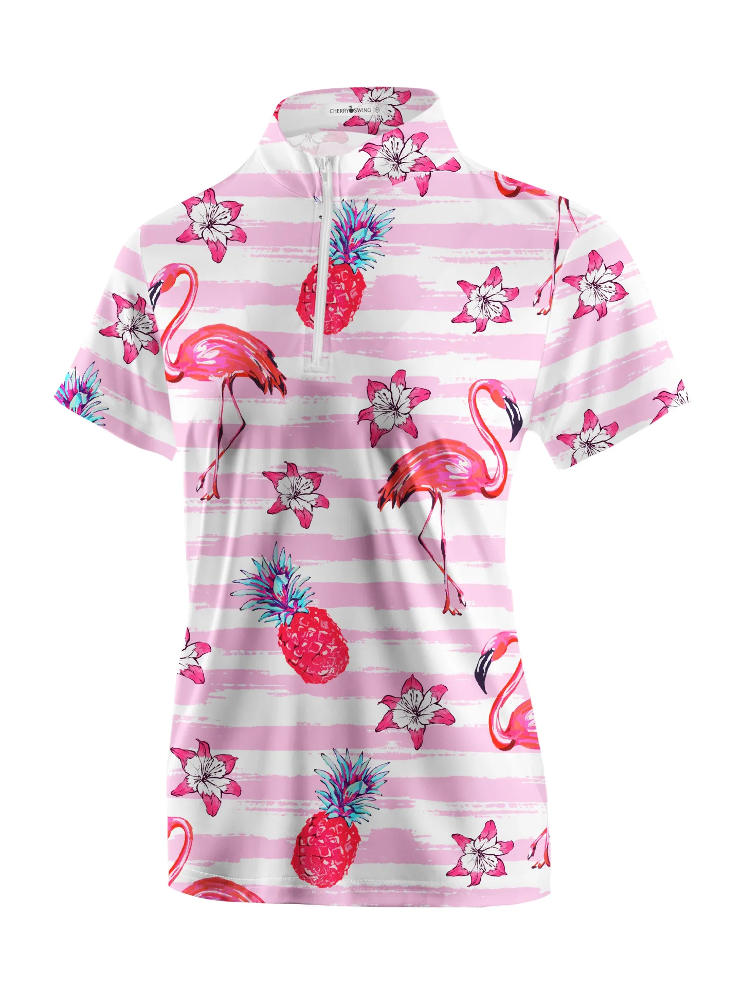 Cherryswing Women's Playful Flamingos Short Sleeve Polos