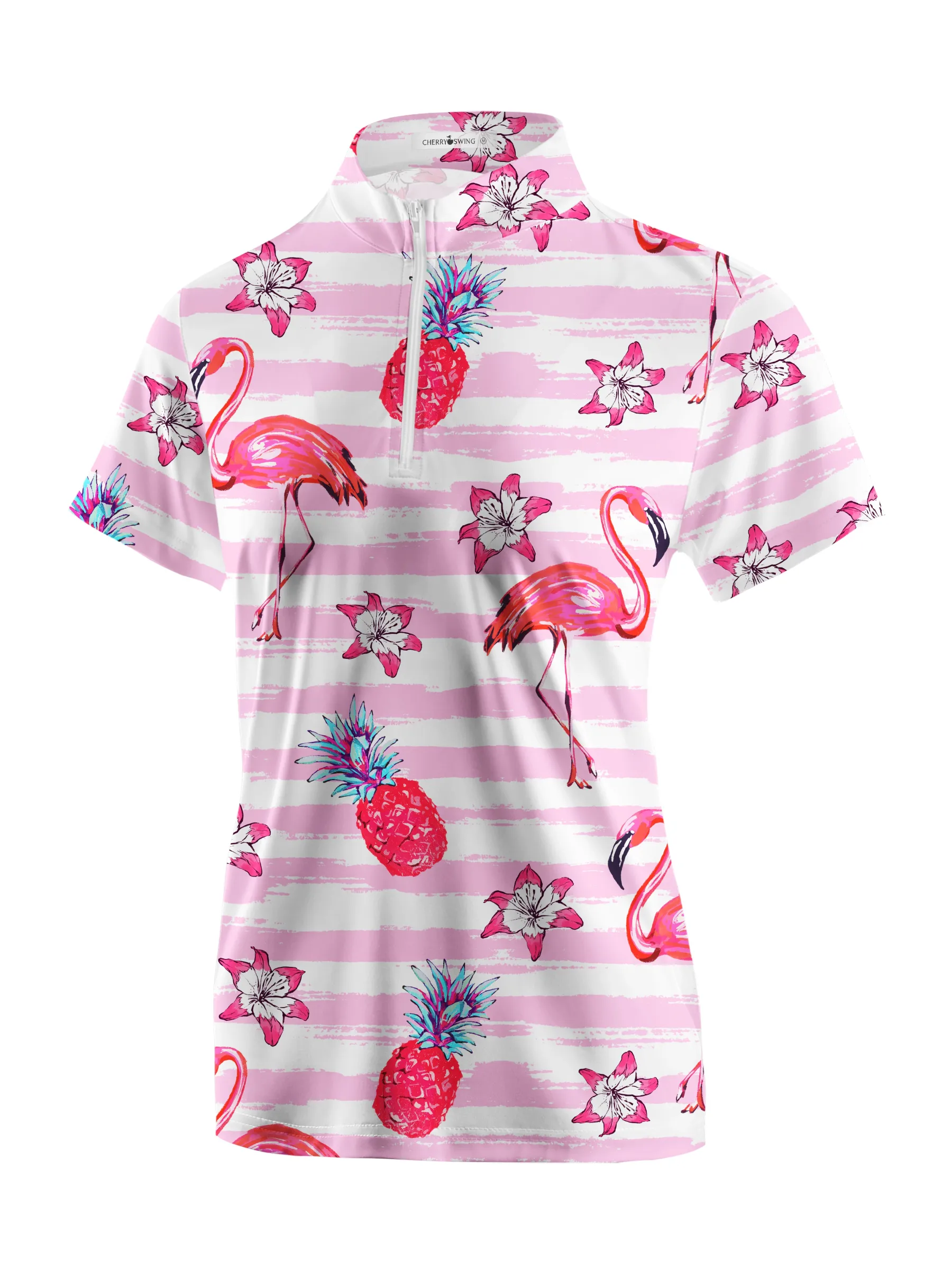 Cherryswing Women's Playful Flamingos Short Sleeve Polos