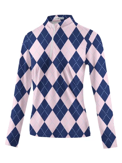 Cherryswing Women's Classic Argyle Patterns Long Sleeve Polo Shirt