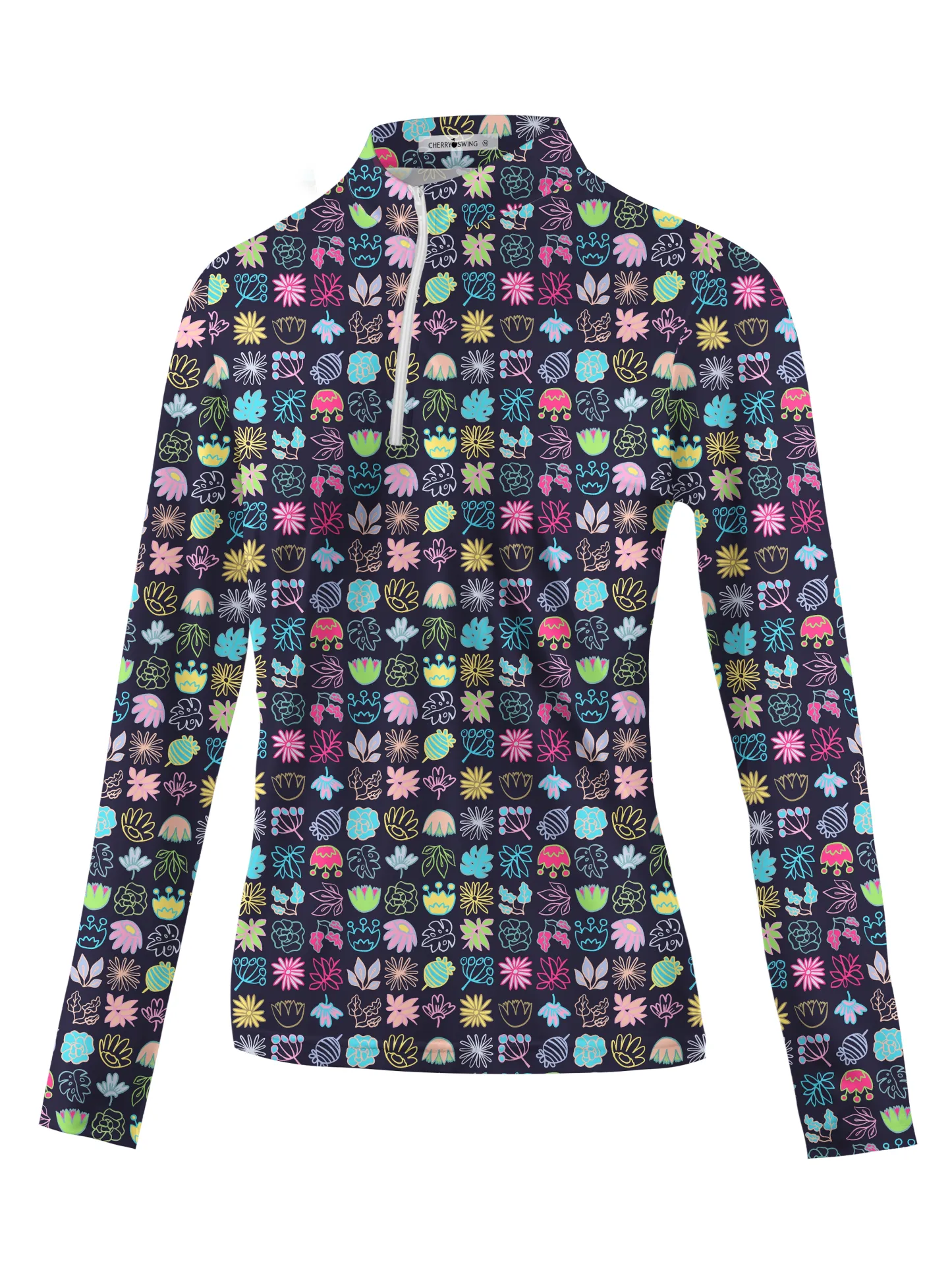 Cherryswing Women's Colorful Squares Long Sleeve Polo Shirt